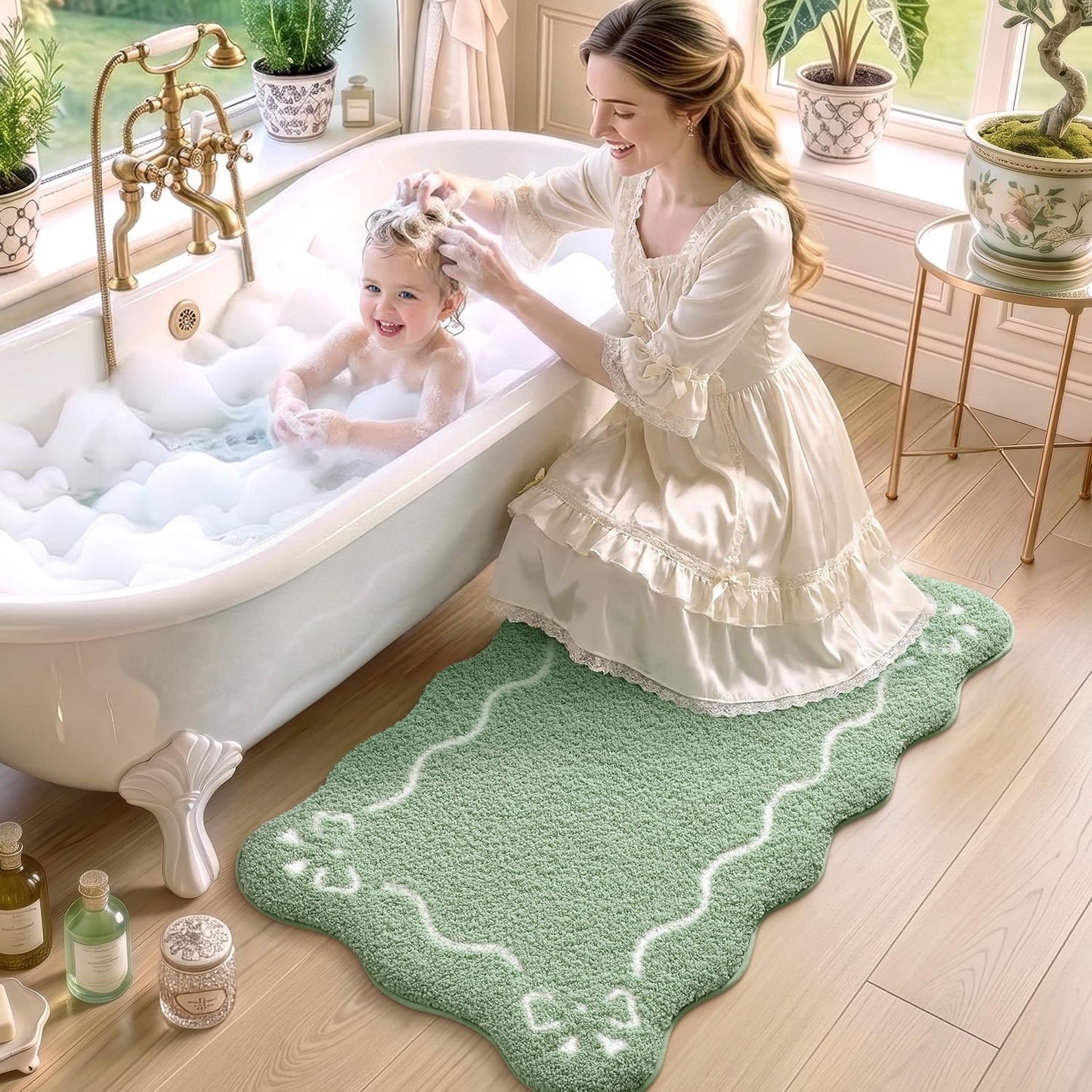 LUMI Scalloped Bathroom Rug, Cute Plush Microfiber Bath Mat, Super Absorbent & Quick Dry Shower Mat, Machine Washable Floor Carpet for Tub
