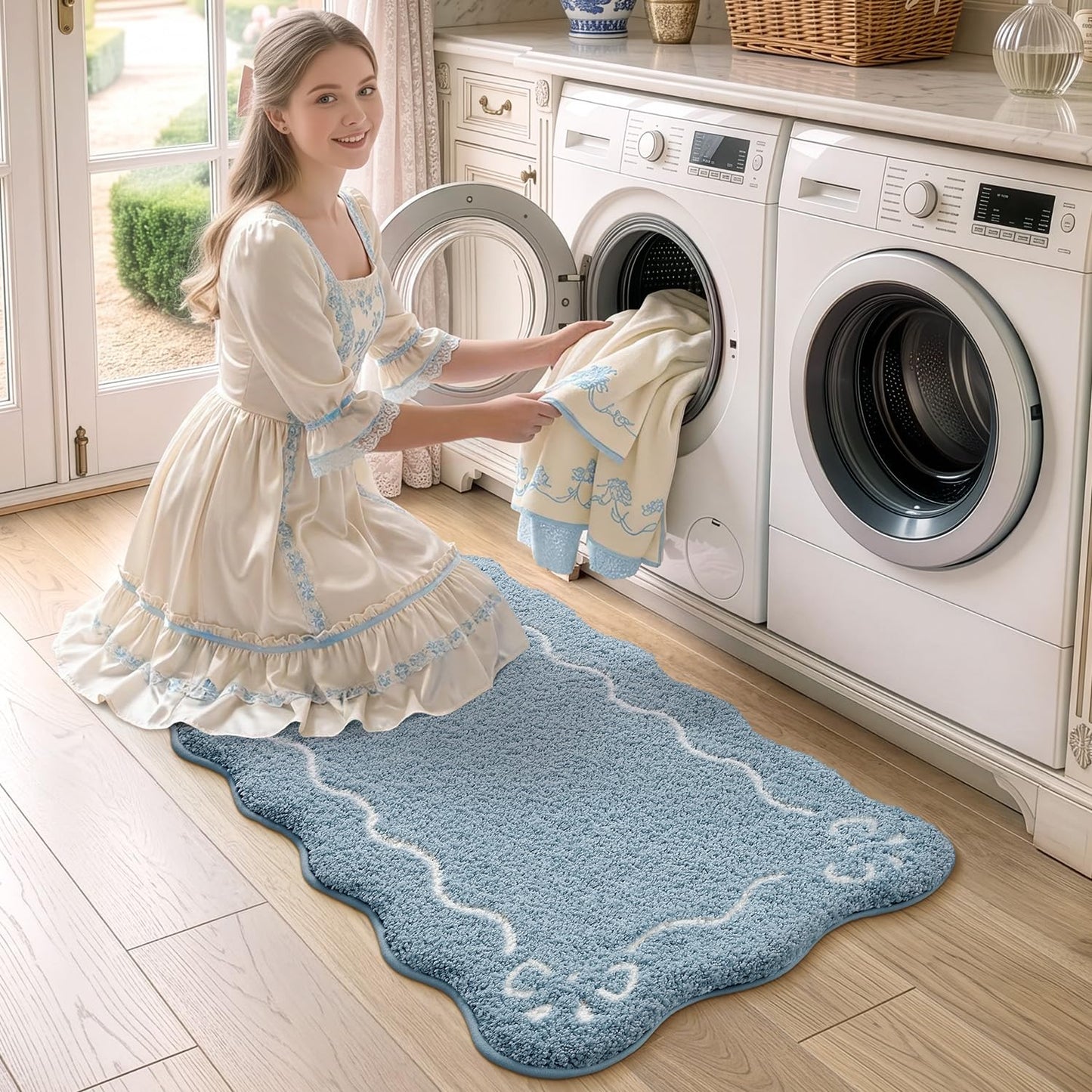 LUMI Scalloped Bathroom Rug, Cute Plush Microfiber Bath Mat, Super Absorbent & Quick Dry Shower Mat, Machine Washable Floor Carpet for Tub
