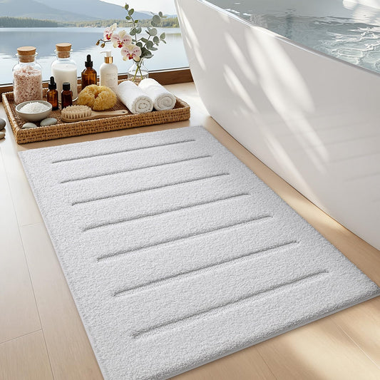 LUMI Non-Slip Skin-Friendly Bathroom Rugs, Hotel Quality Bath Mats for Bathroom, Washable Fluffy Shower Mat, Minimalist Luxury Striped Style,Ideal for Floor, Shower Tub, Entryway, 17"x30", Beige