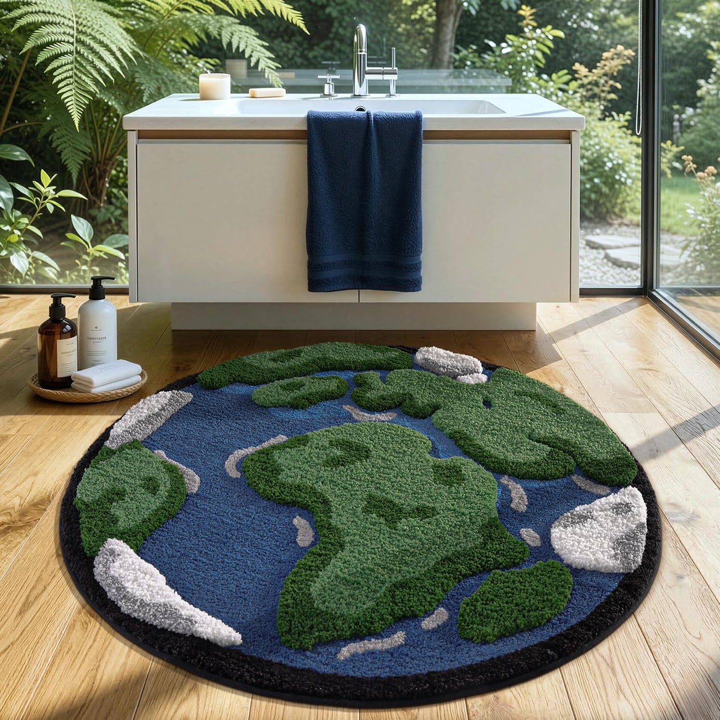 LUMI Round High Pile Earth Globe Bathroom Rug