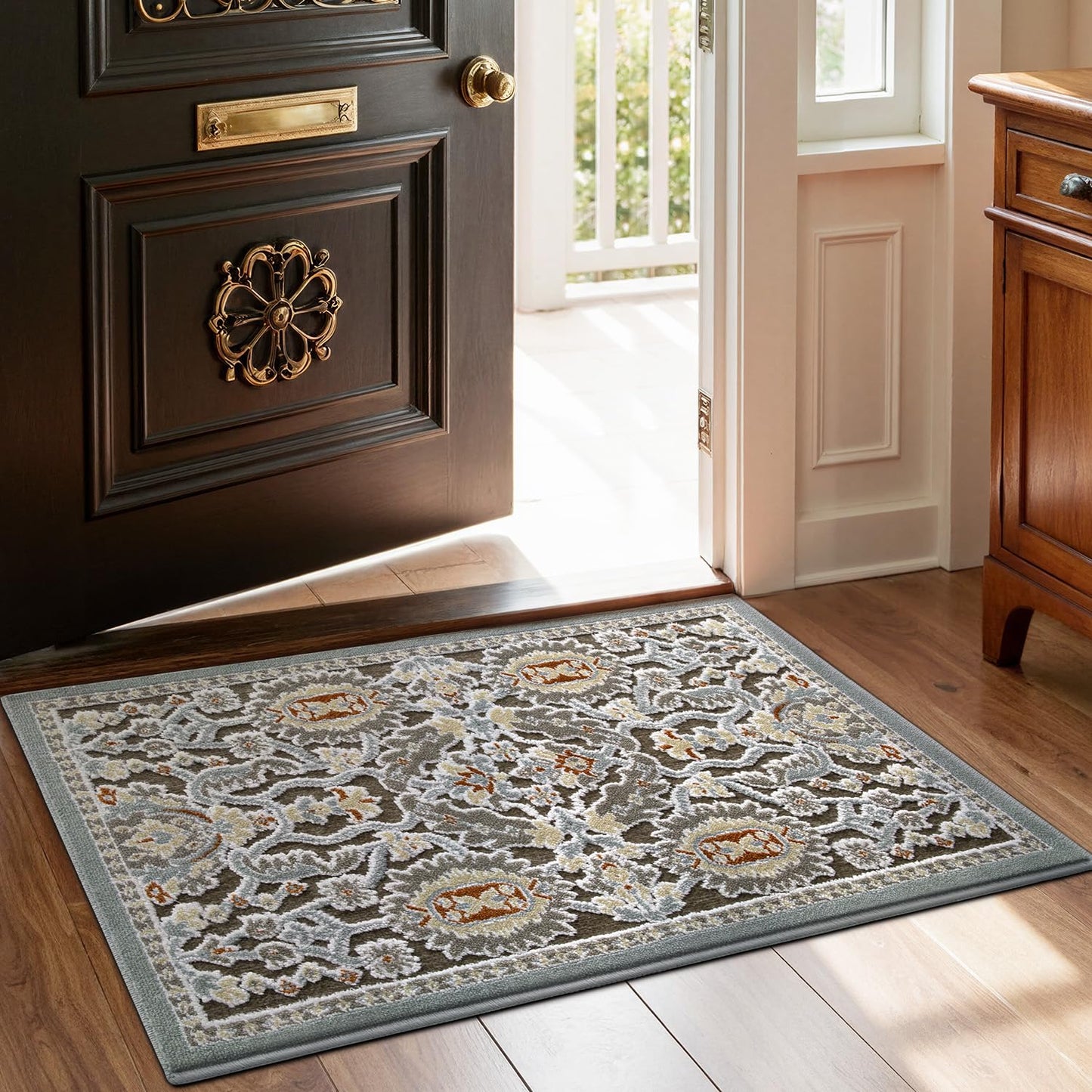 LUMI Indoor Door Mat for Entrance 17x30, Luxury Front Doormat with Non-Slip Latex Rubber Backing, Soft Washable Dirt Trapper, Flower Bliss (Folded Package)