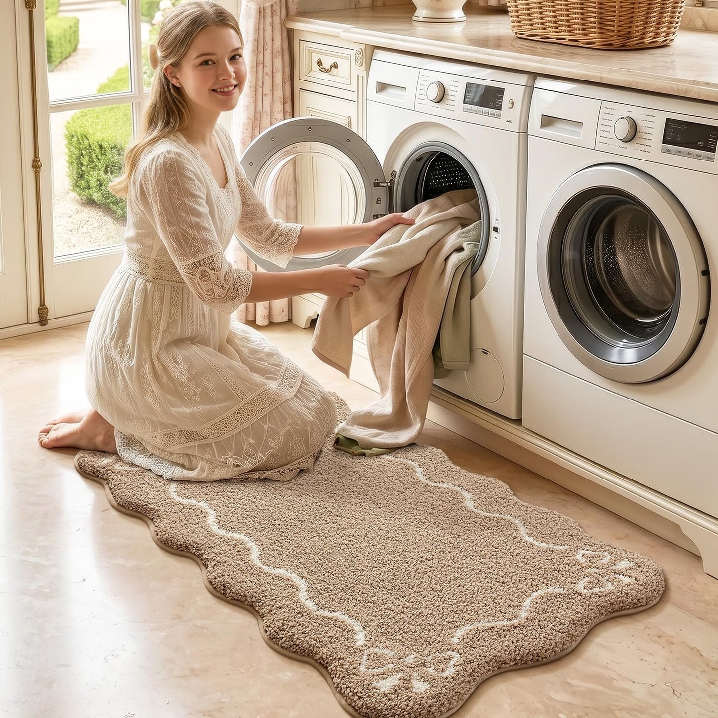 LUMI Scalloped Bathroom Rug, Cute Plush Microfiber Bath Mat, Super Absorbent & Quick Dry Shower Mat, Machine Washable Floor Carpet for Tub