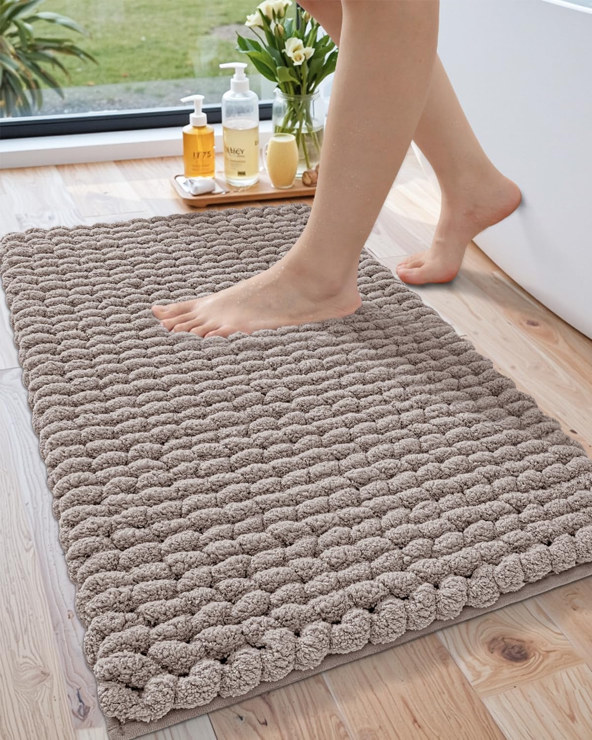 LUMI Luxury Bathroom Rug, Ultra Soft Quick Dry, Non-Slip Absorbent Thick Chenille, Cozy Braid Design, Beige, for Bathtub/Sink/Laundry/Bedroom