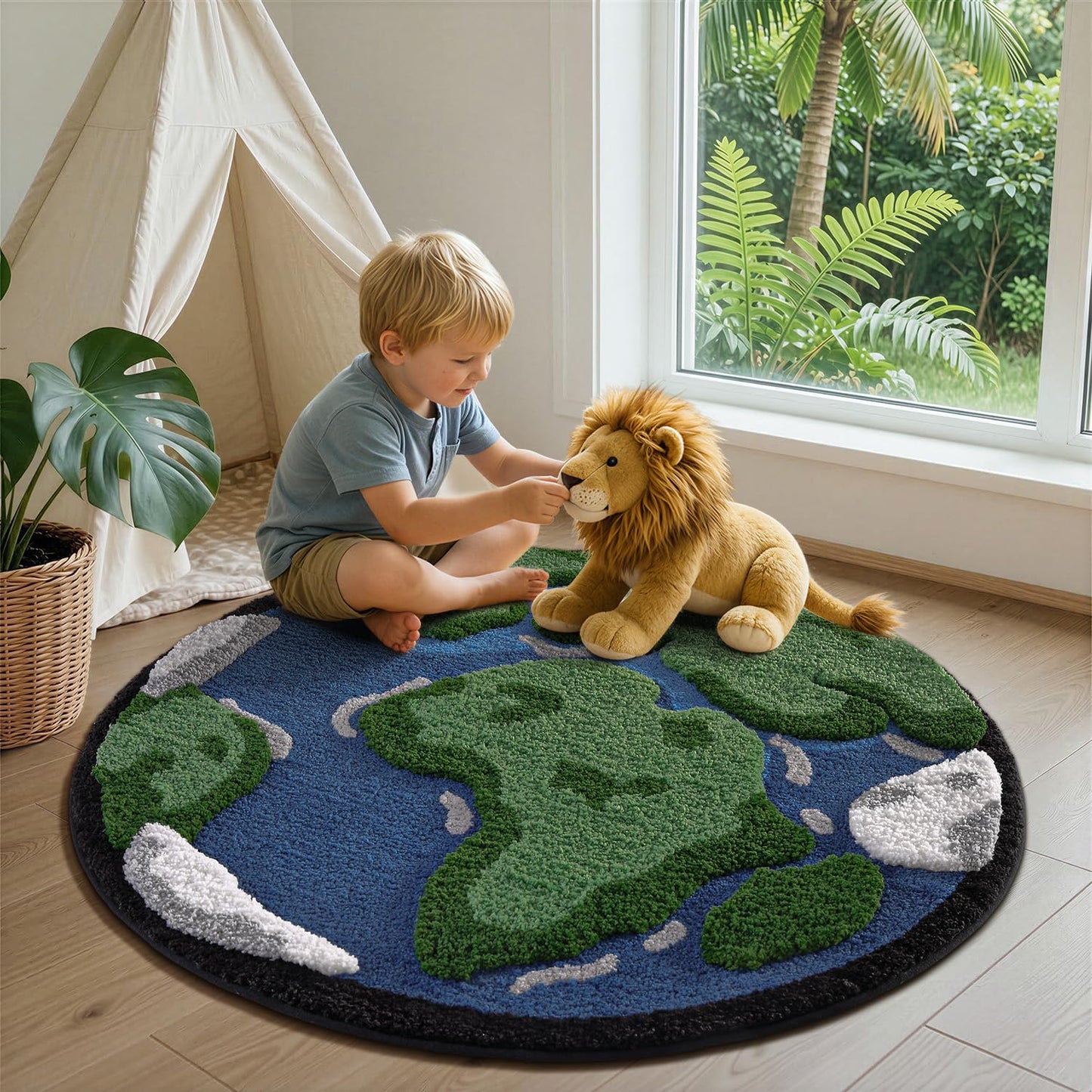 LUMI Round High Pile Earth Globe Bathroom Rug