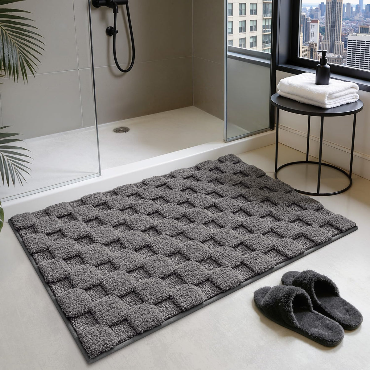 LUMI Non Slip Checkered Bathroom Rugs, Absorbent Waffle Mat, Beige, 16x24