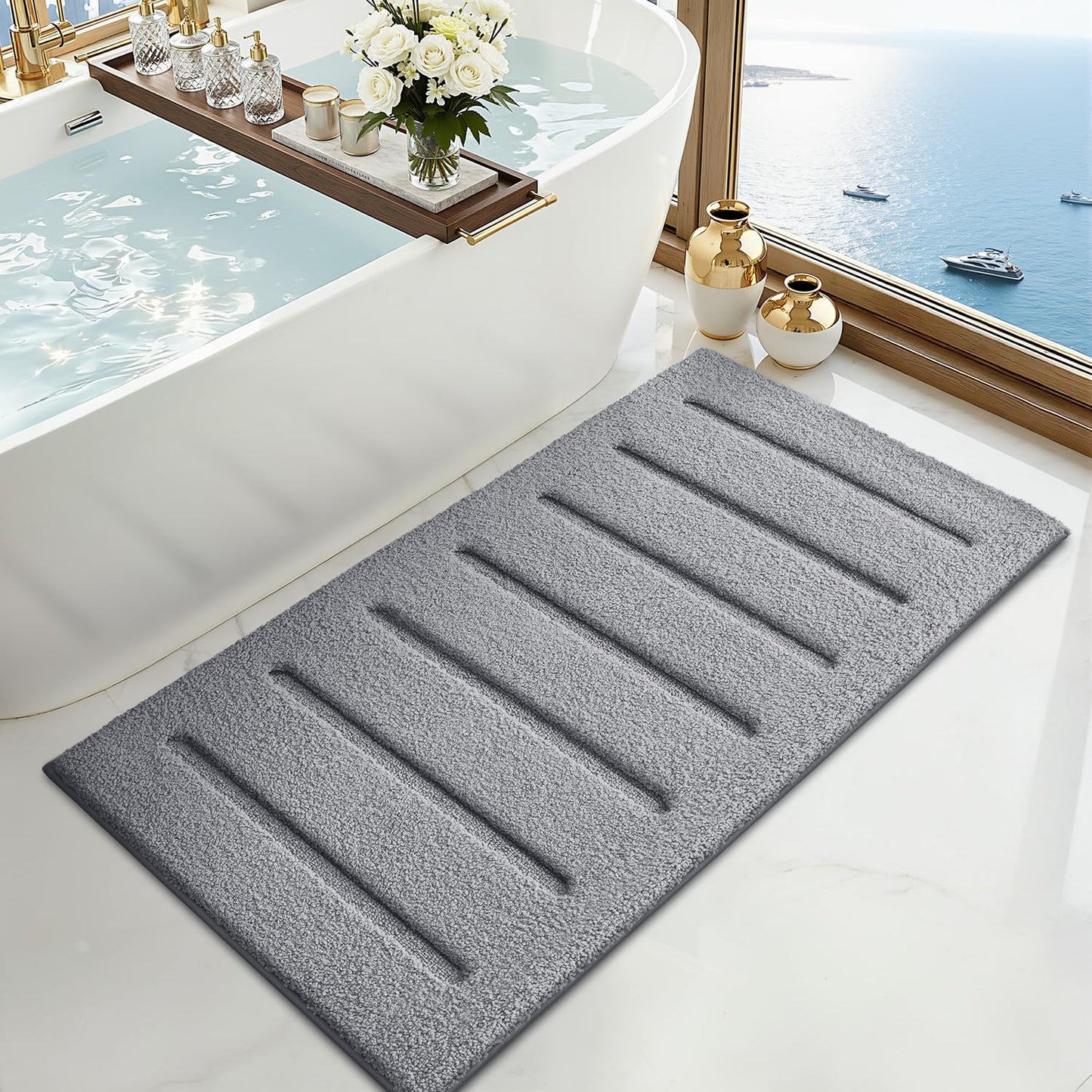 LUMI Non-Slip Skin-Friendly Bathroom Rugs, Hotel Quality Bath Mats for Bathroom, Washable Fluffy Shower Mat, Minimalist Luxury Striped Style,Ideal for Floor, Shower Tub, Entryway, 17"x30", Beige