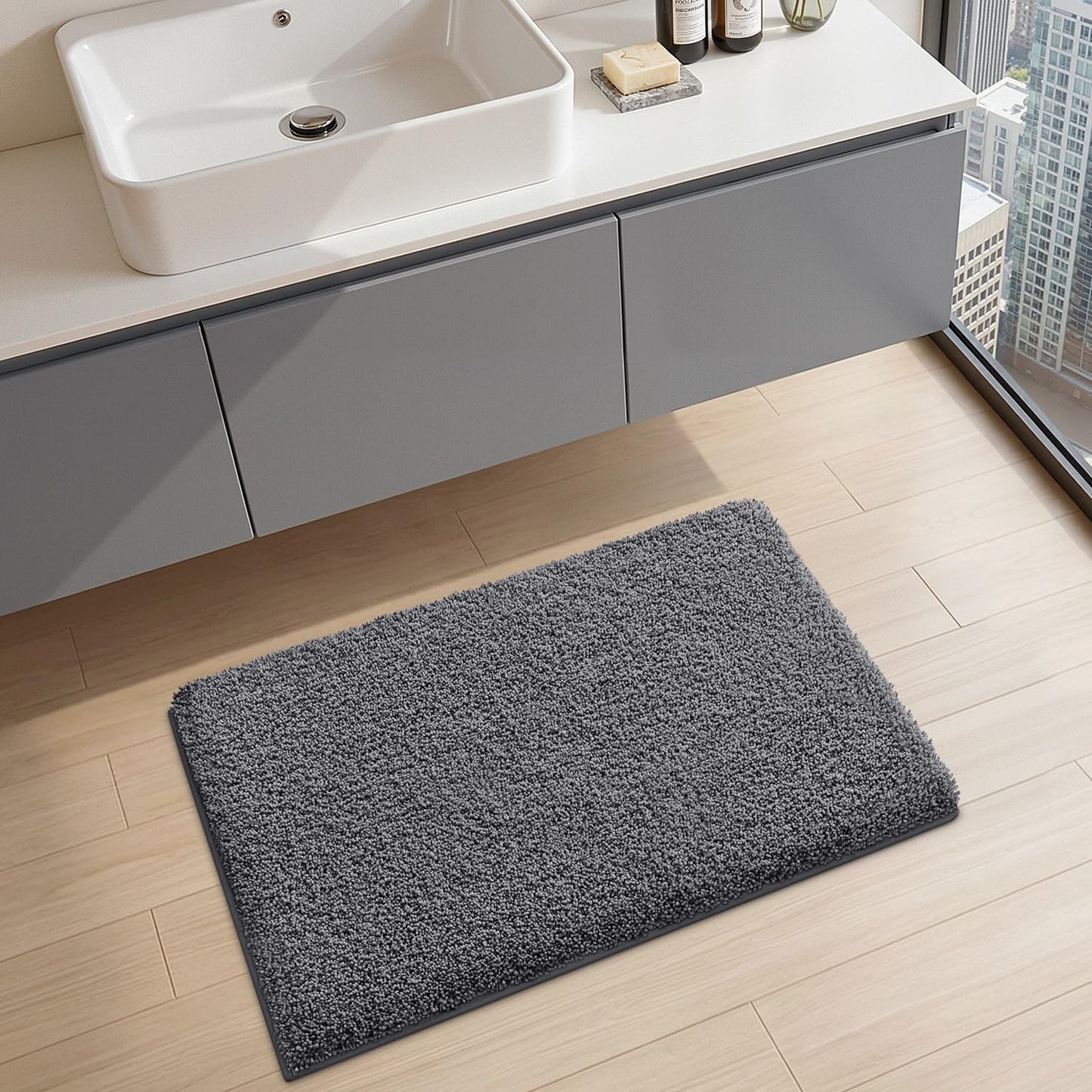 LUMI Beige Bathroom Rugs with Rubber Backing, 16x24 Absorbent Extra Thick Soft Plush Microfiber Bath Mat, Machine Washable Carpet for Bathroom Shower, Tub, Sink, Hotel