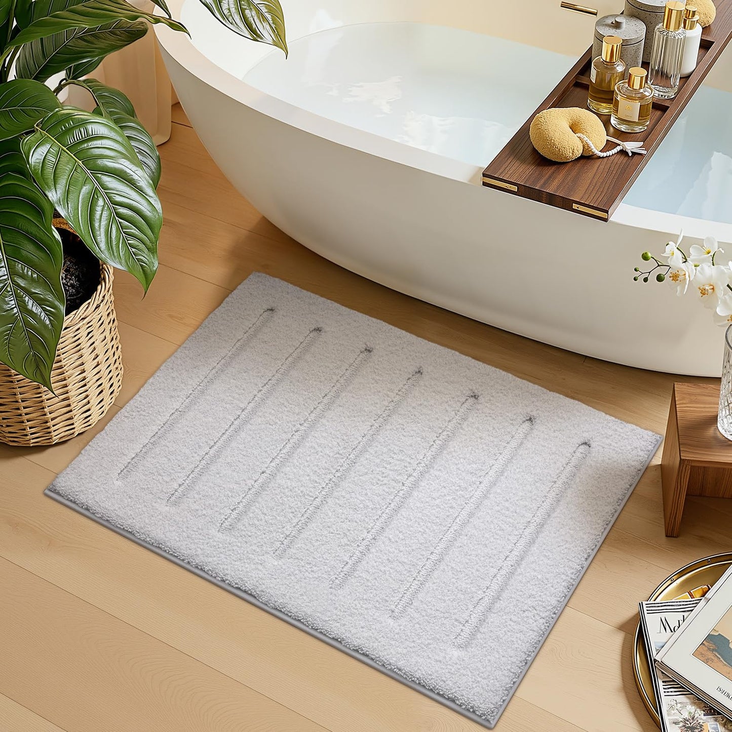 LUMI Non-Slip Skin-Friendly Bathroom Rugs, Hotel Quality Bath Mats for Bathroom, Washable Fluffy Shower Mat, Minimalist Luxury Striped Style,Ideal for Floor, Shower Tub, Entryway, 17"x30", Beige