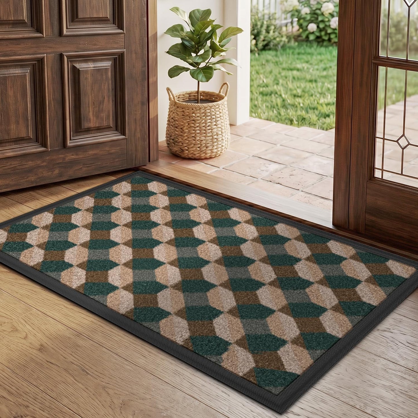 LUMI Front Door Mat 17x30, Low-Profile Non-Slip Welcome Mat for Indoor Outdoor, Stain & Fade Resistant Geometric Door Mat for Entryway Patio Porch, Geo-Navy