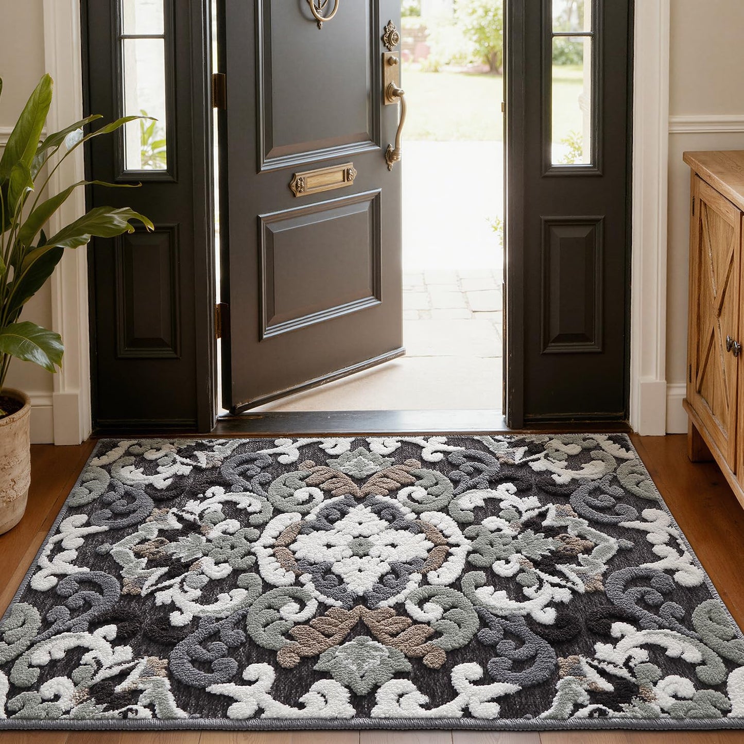 LUMI Indoor Door Mat for Entrance 17x30, Luxury Front Doormat with Non-Slip Latex Rubber Backing, Soft Washable Dirt Trapper, Flower Bliss (Folded Package)