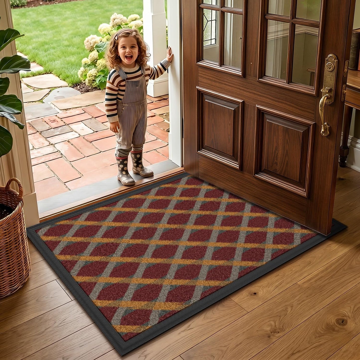 LUMI Front Door Mat 17x30, Low-Profile Non-Slip Welcome Mat for Indoor Outdoor, Stain & Fade Resistant Geometric Door Mat for Entryway Patio Porch, Geo-Navy