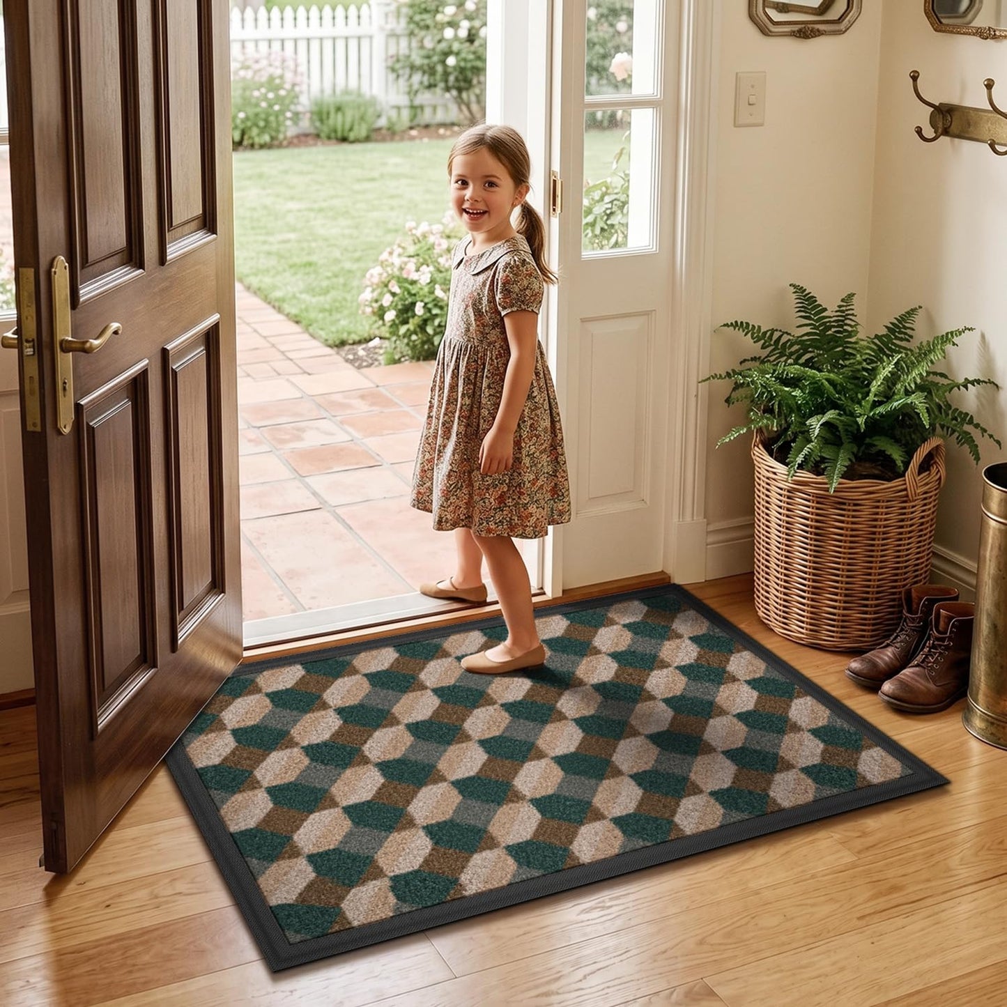 LUMI Front Door Mat 17x30, Low-Profile Non-Slip Welcome Mat for Indoor Outdoor, Stain & Fade Resistant Geometric Door Mat for Entryway Patio Porch, Geo-Navy
