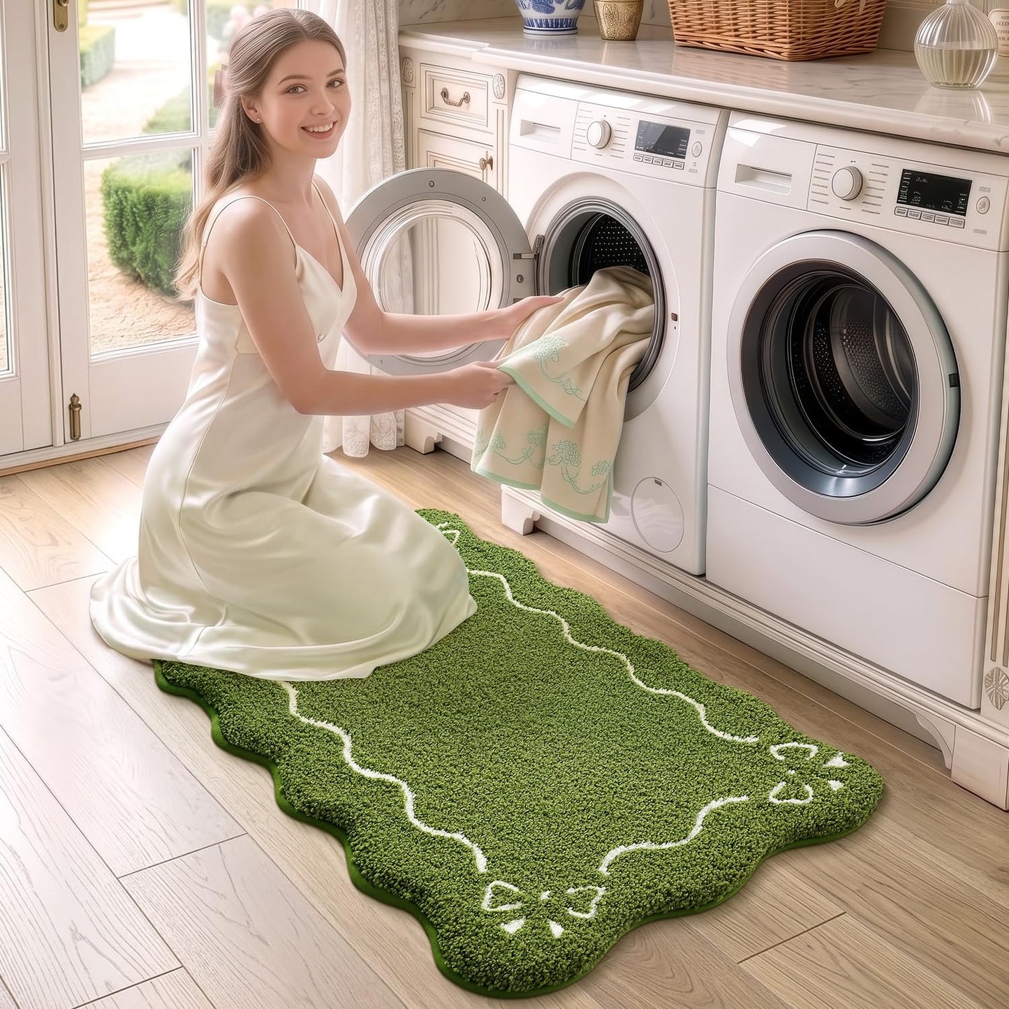 LUMI Scalloped Bathroom Rug, Cute Plush Microfiber Bath Mat, Super Absorbent & Quick Dry Shower Mat, Machine Washable Floor Carpet for Tub