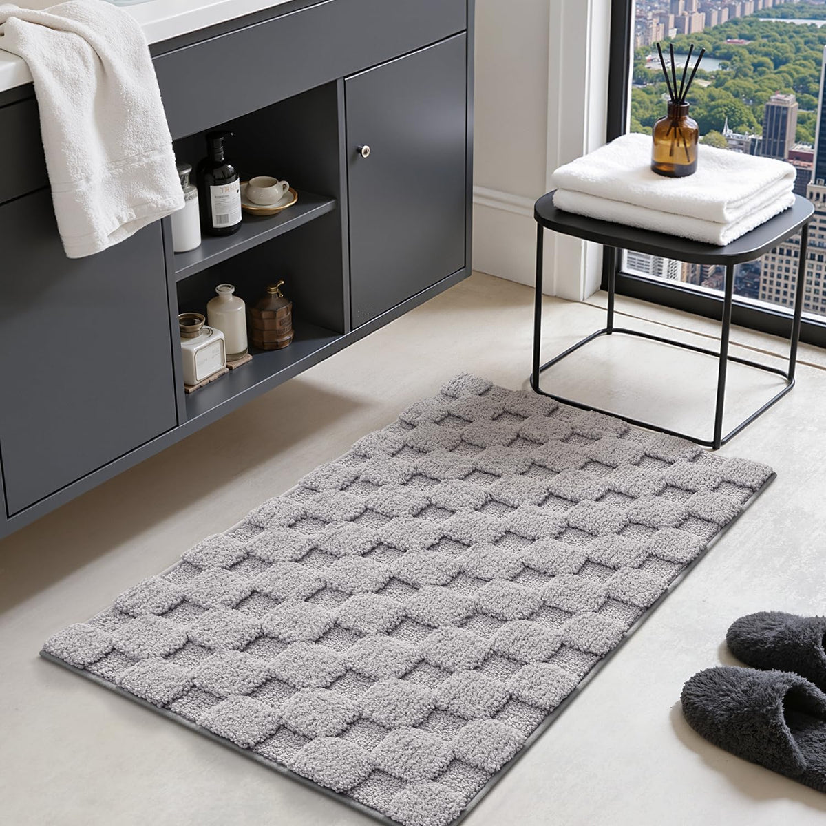 LUMI Non Slip Checkered Bathroom Rugs, Absorbent Waffle Mat, Beige, 16x24