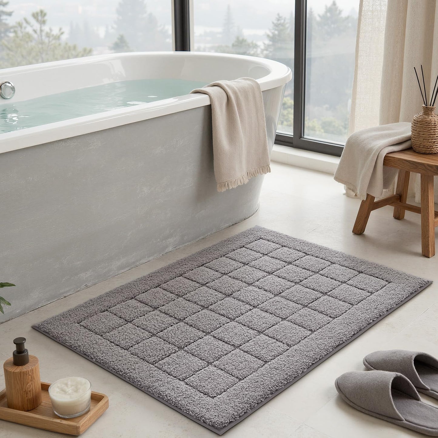 LUMI Modern Bathroom Rug, Serene Grid Series.