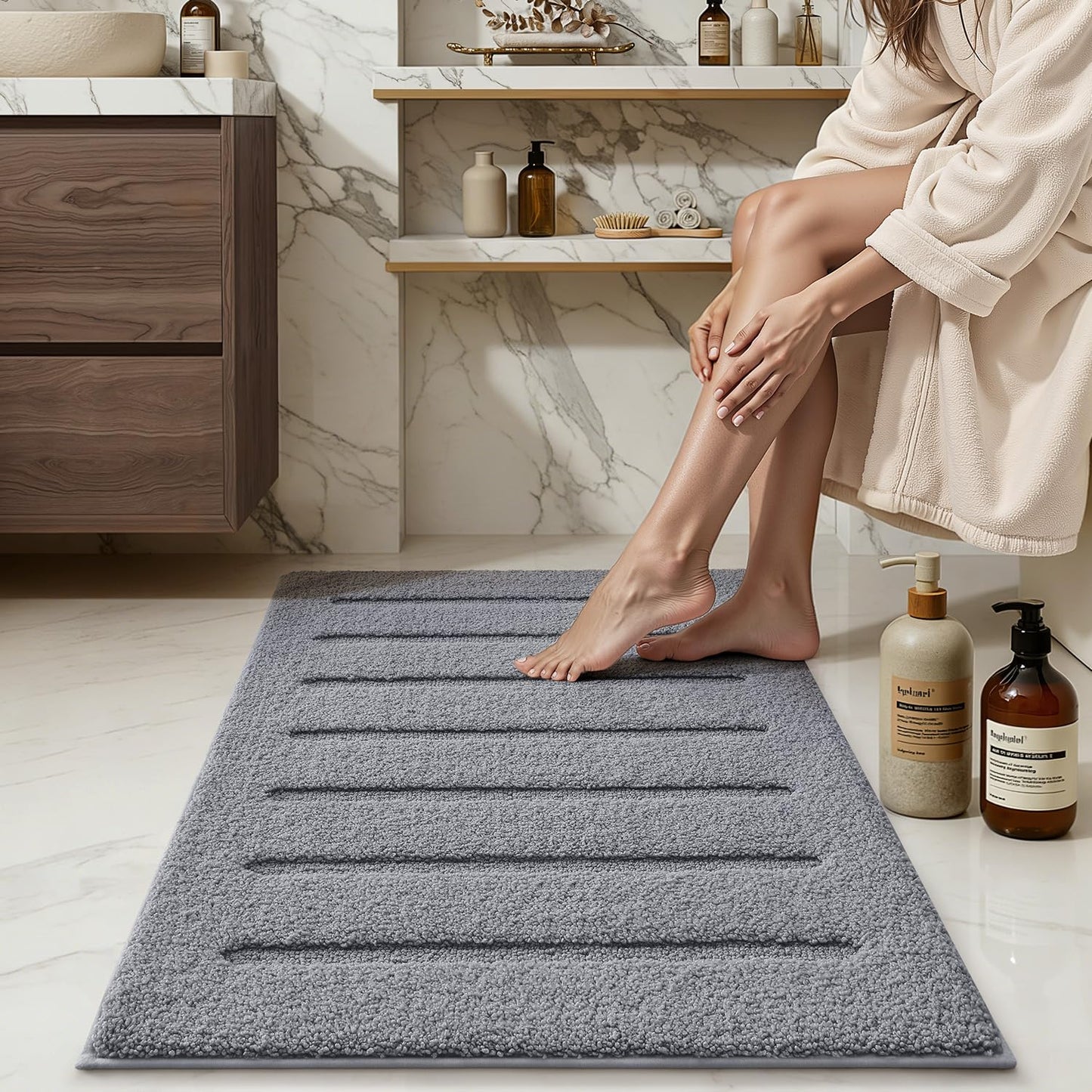 LUMI Non-Slip Skin-Friendly Bathroom Rugs, Hotel Quality Bath Mats for Bathroom, Washable Fluffy Shower Mat, Minimalist Luxury Striped Style,Ideal for Floor, Shower Tub, Entryway, 17"x30", Beige