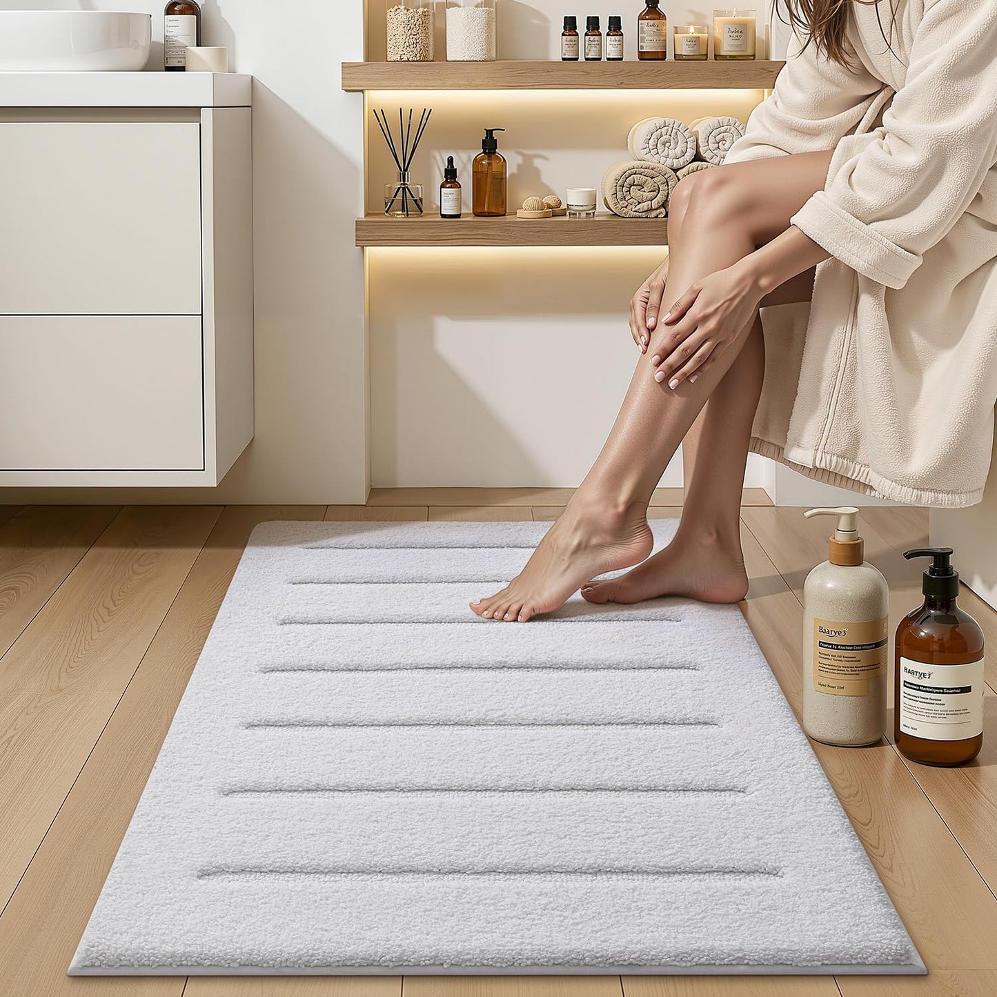 LUMI Non-Slip Skin-Friendly Bathroom Rugs, Hotel Quality Bath Mats for Bathroom, Washable Fluffy Shower Mat, Minimalist Luxury Striped Style,Ideal for Floor, Shower Tub, Entryway, 17"x30", Beige