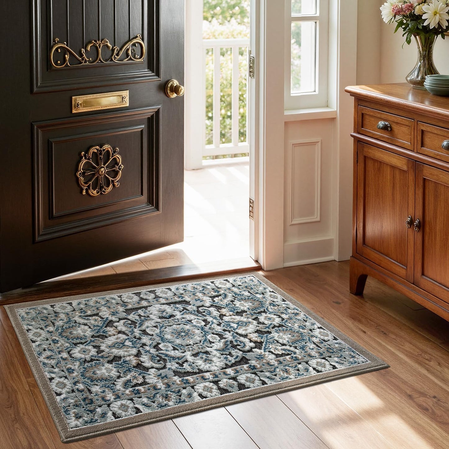 LUMI Indoor Door Mat for Entrance 17x30, Luxury Front Doormat with Non-Slip Latex Rubber Backing, Soft Washable Dirt Trapper, Flower Bliss (Folded Package)