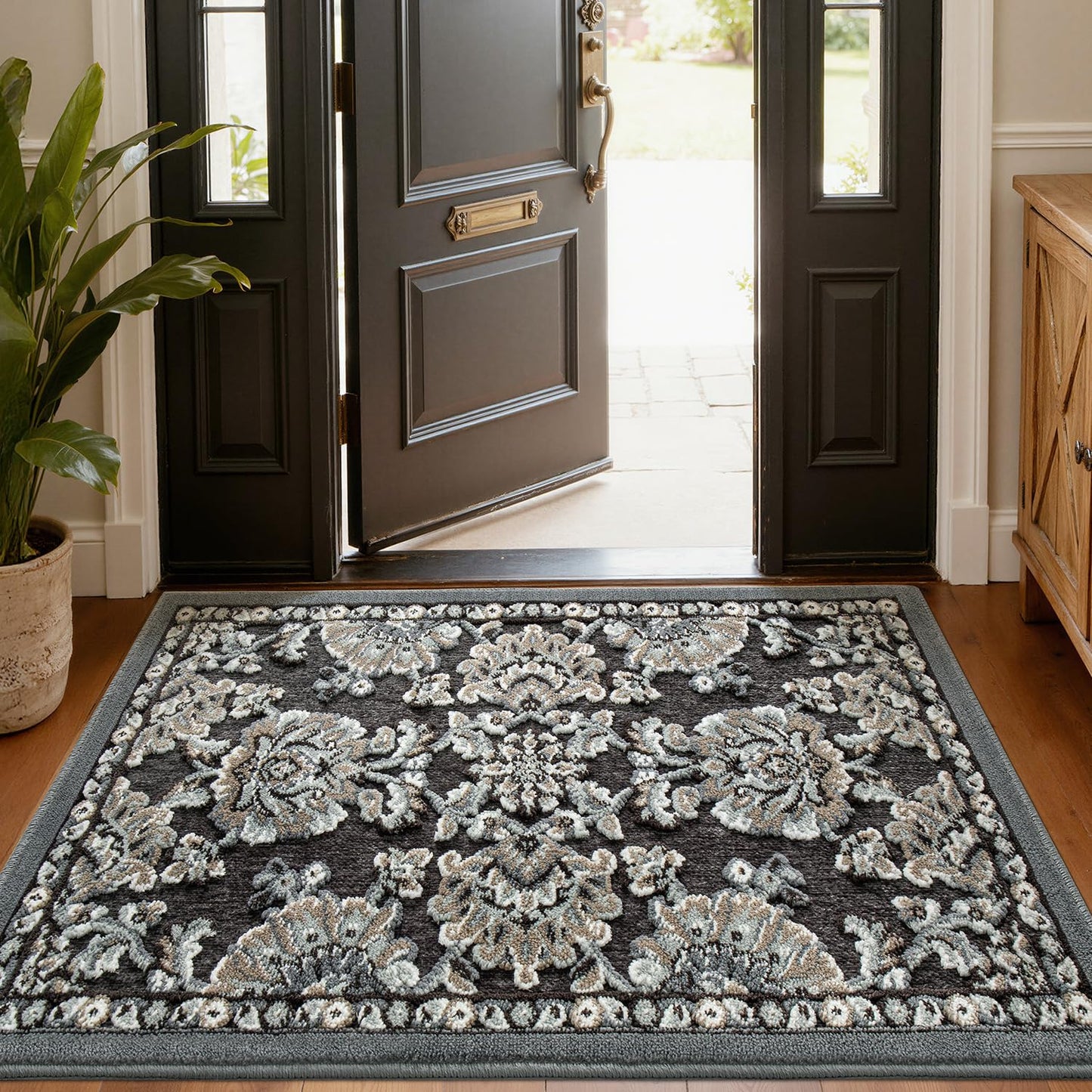 LUMI Indoor Door Mat for Entrance 17x30, Luxury Front Doormat with Non-Slip Latex Rubber Backing, Soft Washable Dirt Trapper, Flower Bliss (Folded Package)