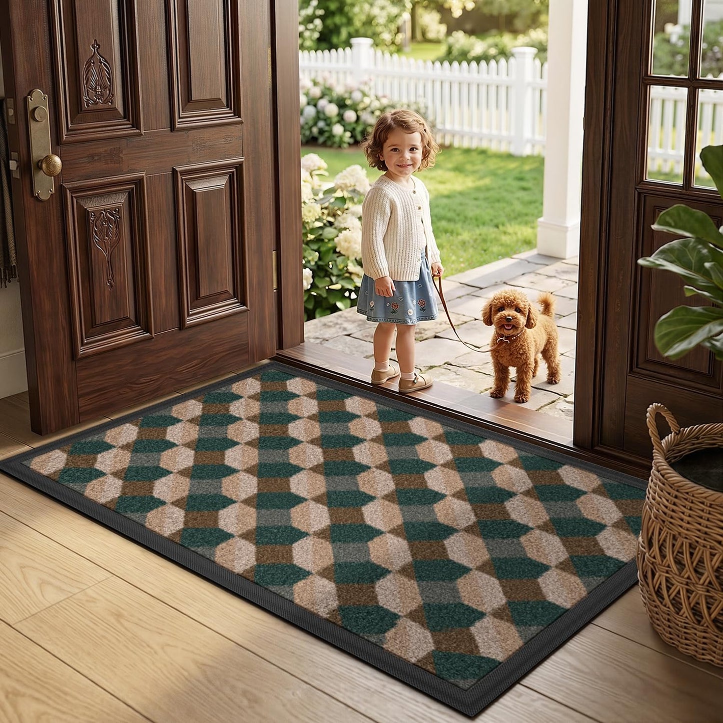 LUMI Front Door Mat 17x30, Low-Profile Non-Slip Welcome Mat for Indoor Outdoor, Stain & Fade Resistant Geometric Door Mat for Entryway Patio Porch, Geo-Navy