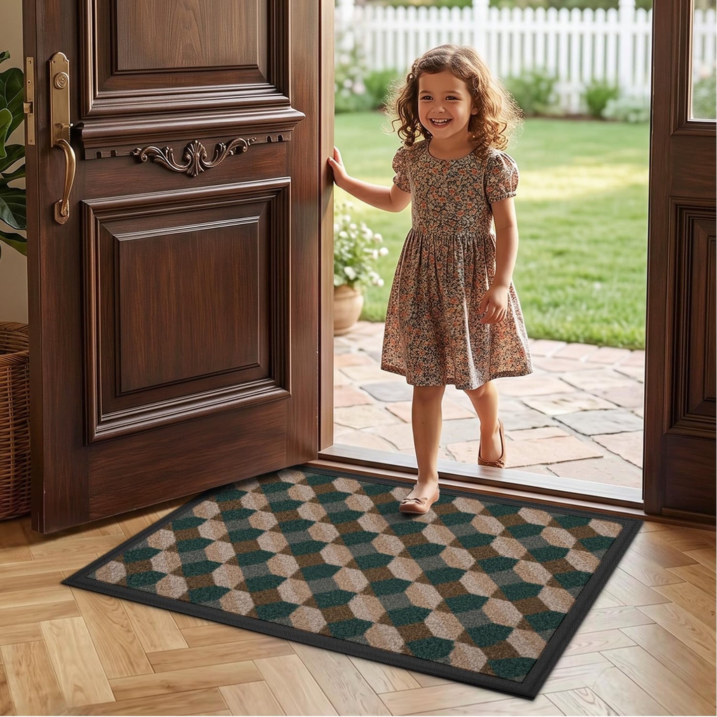 LUMI Front Door Mat 17x30, Low-Profile Non-Slip Welcome Mat for Indoor Outdoor, Stain & Fade Resistant Geometric Door Mat for Entryway Patio Porch, Geo-Navy