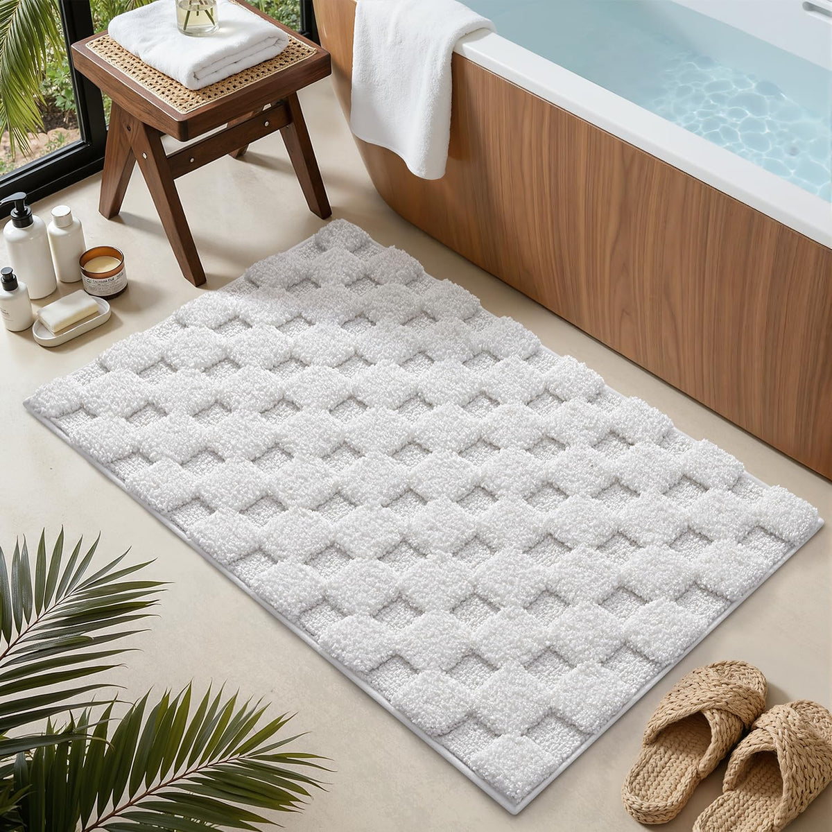 LUMI Non Slip Checkered Bathroom Rugs, Absorbent Waffle Mat, Beige, 16x24