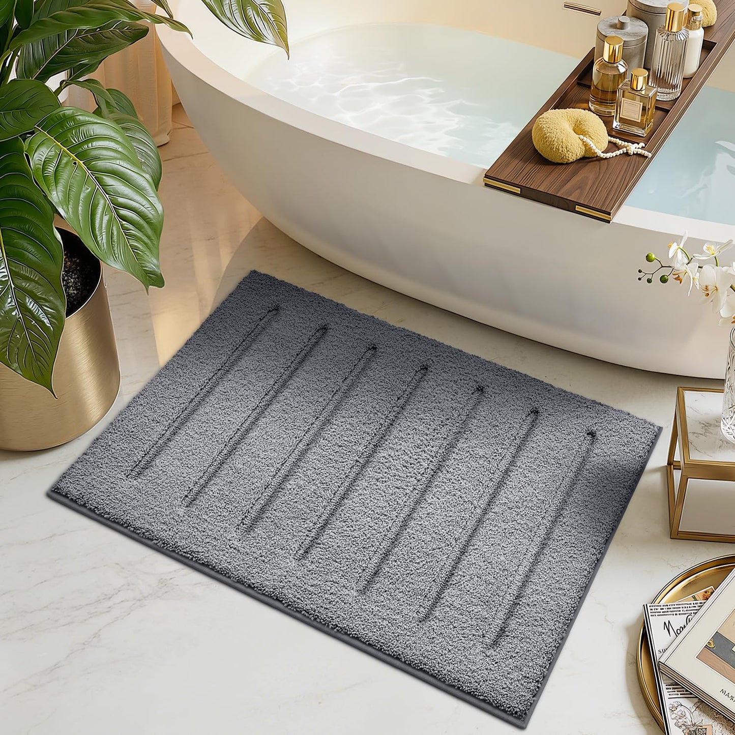 LUMI Non-Slip Skin-Friendly Bathroom Rugs, Hotel Quality Bath Mats for Bathroom, Washable Fluffy Shower Mat, Minimalist Luxury Striped Style,Ideal for Floor, Shower Tub, Entryway, 17"x30", Beige