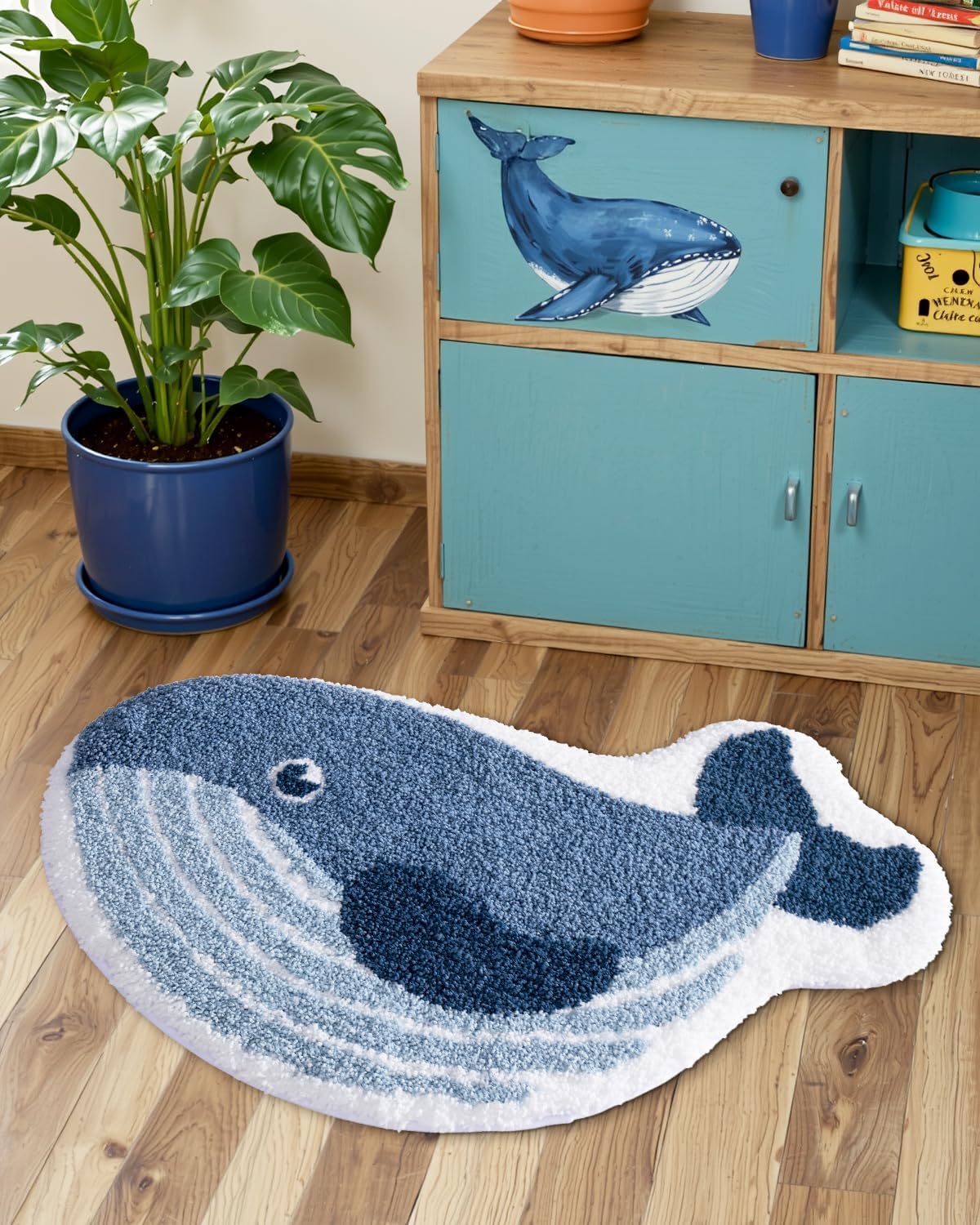 LUMI Cute Animal Bathroom Rugs, Plush Absorbent Bath Mats for Bathroom, Non-Slip Backing Washable Bath Mat, Ideal for Shower Sink Bathtub Room Decor, 20"x35", Whale