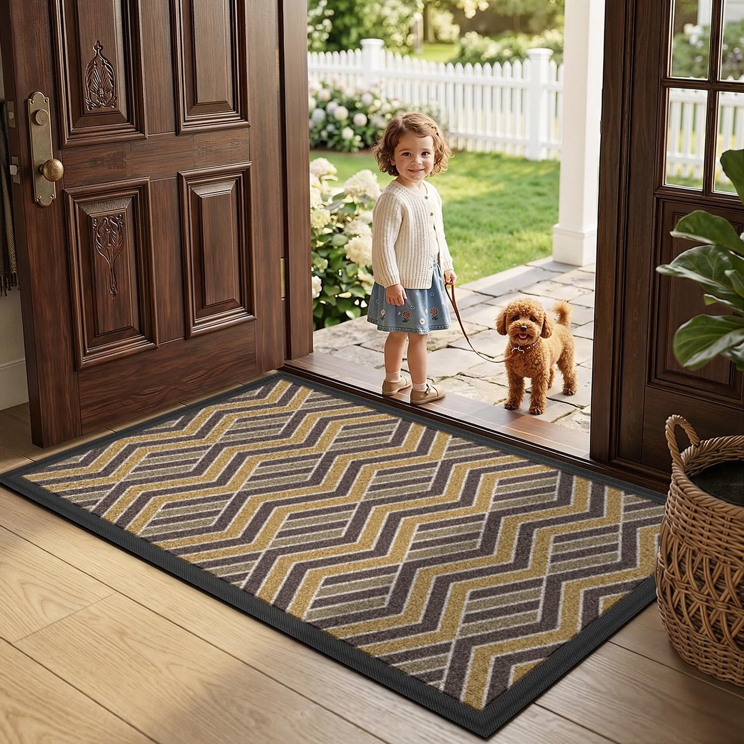 LUMI Front Door Mat 17x30, Low-Profile Non-Slip Welcome Mat for Indoor Outdoor, Stain & Fade Resistant Geometric Door Mat for Entryway Patio Porch, Geo-Navy