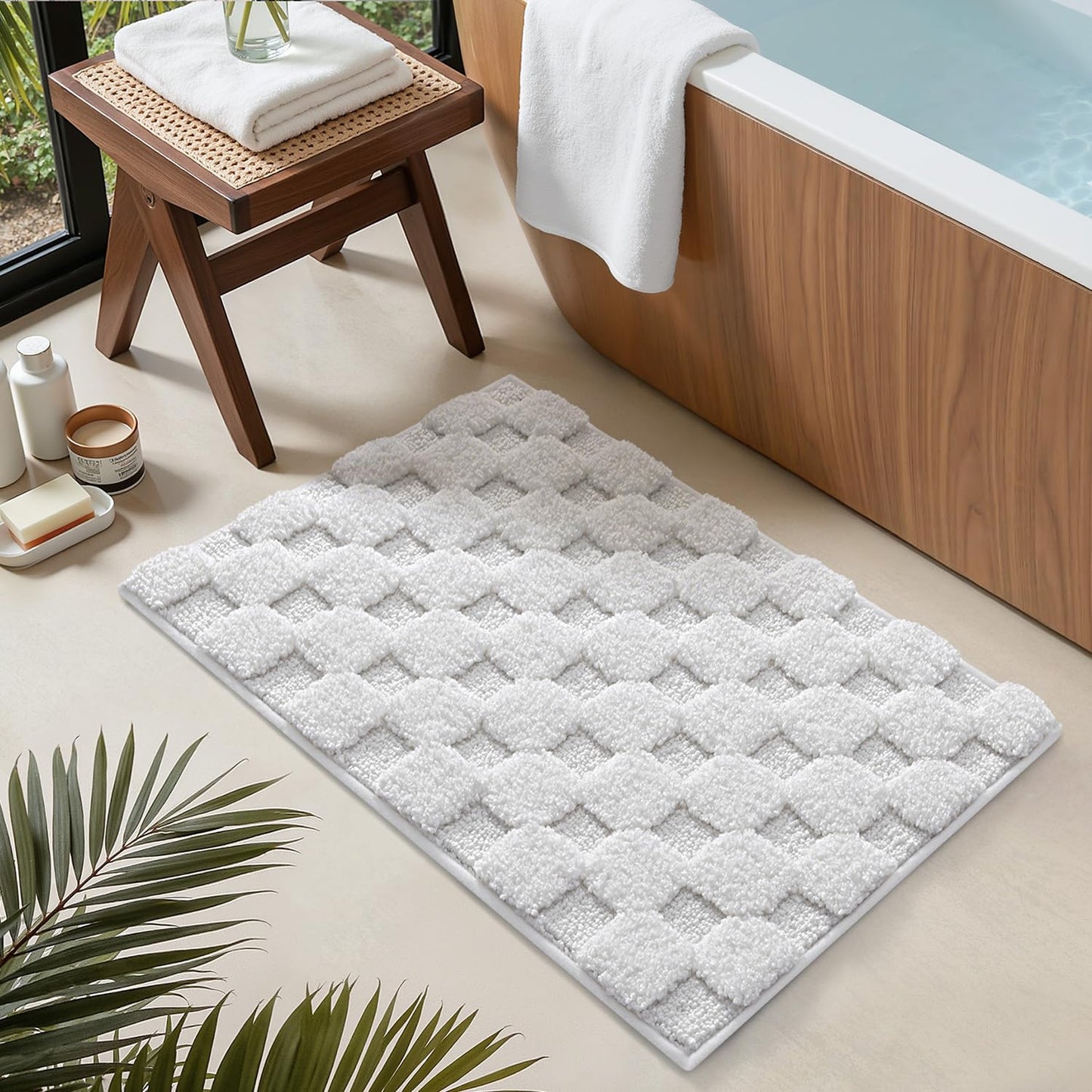 LUMI Non Slip Checkered Bathroom Rugs, Absorbent Waffle Mat, Beige, 16x24