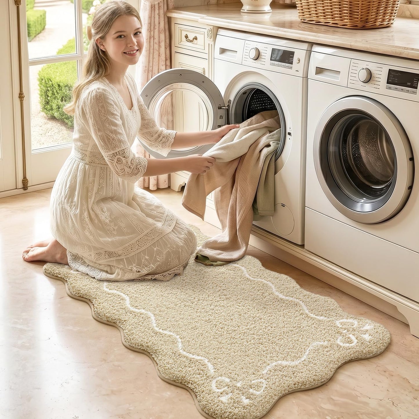 LUMI Scalloped Bathroom Rug, Cute Plush Microfiber Bath Mat, Super Absorbent & Quick Dry Shower Mat, Machine Washable Floor Carpet for Tub