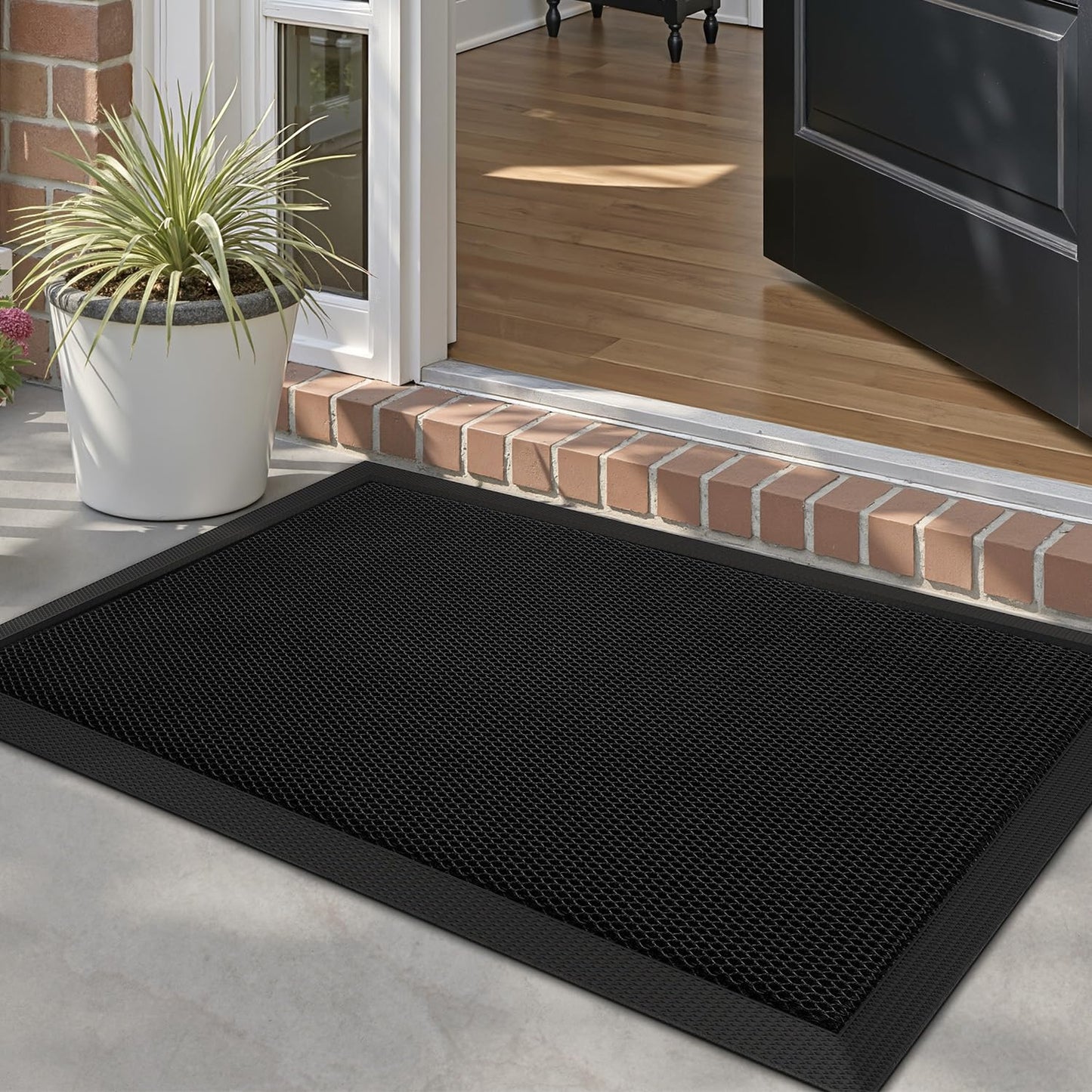 LUMI Front Door Mat for Outside Entrance 17''x30'', Heavy-Duty Dirt-Trapping Doormat with Durable Non-Slip Rubber Backing, Stain & Fade-Resistant Entry Mats, Black