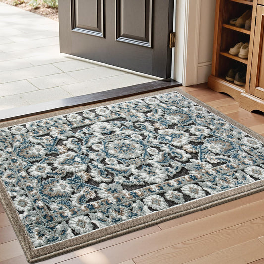 LUMI Indoor Door Mat for Entrance 17x30, Luxury Front Doormat with Non-Slip Latex Rubber Backing, Soft Washable Dirt Trapper, Flower Bliss (Folded Package)