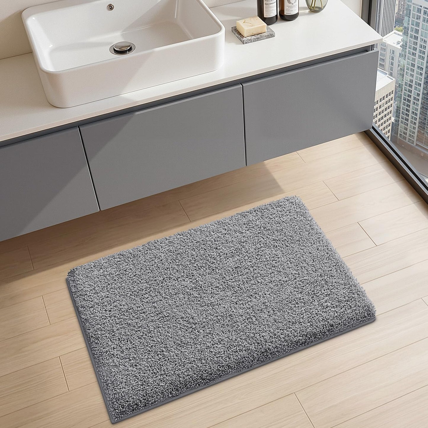 LUMI Beige Bathroom Rugs with Rubber Backing, 16x24 Absorbent Extra Thick Soft Plush Microfiber Bath Mat, Machine Washable Carpet for Bathroom Shower, Tub, Sink, Hotel