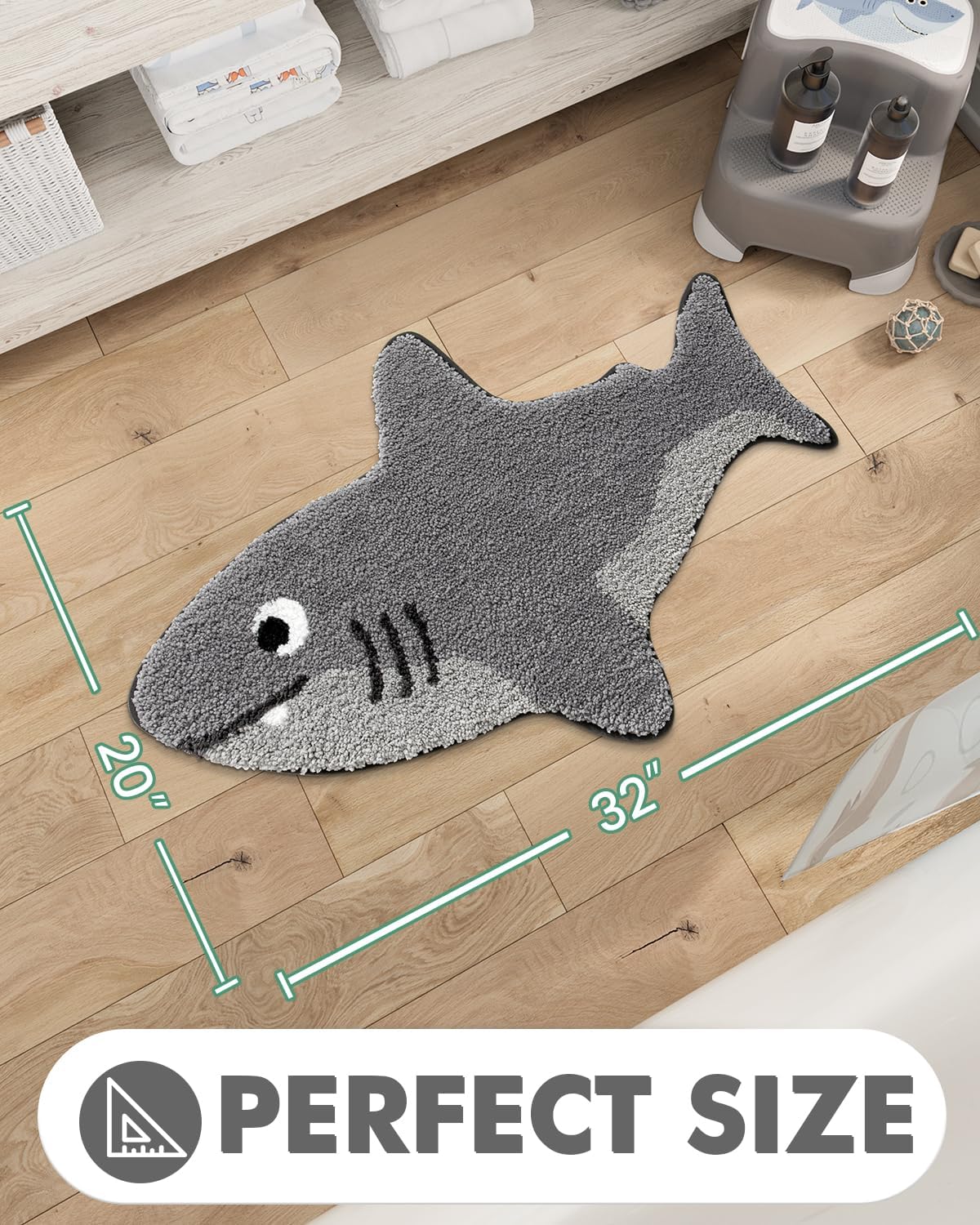 LUMI Cute Animal Bathroom Rugs, Shark Shaped Absorbent Bath Mat, Non-Slip Backing Washable Bath Mats, Ideal for Shower Sink Bathtub Room Decor, 20"x32", Shark