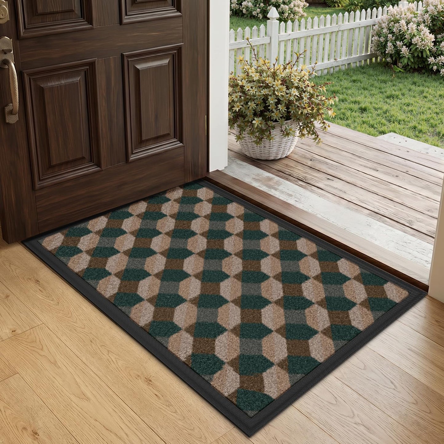 LUMI Front Door Mat 17x30, Low-Profile Non-Slip Welcome Mat for Indoor Outdoor, Stain & Fade Resistant Geometric Door Mat for Entryway Patio Porch, Geo-Navy