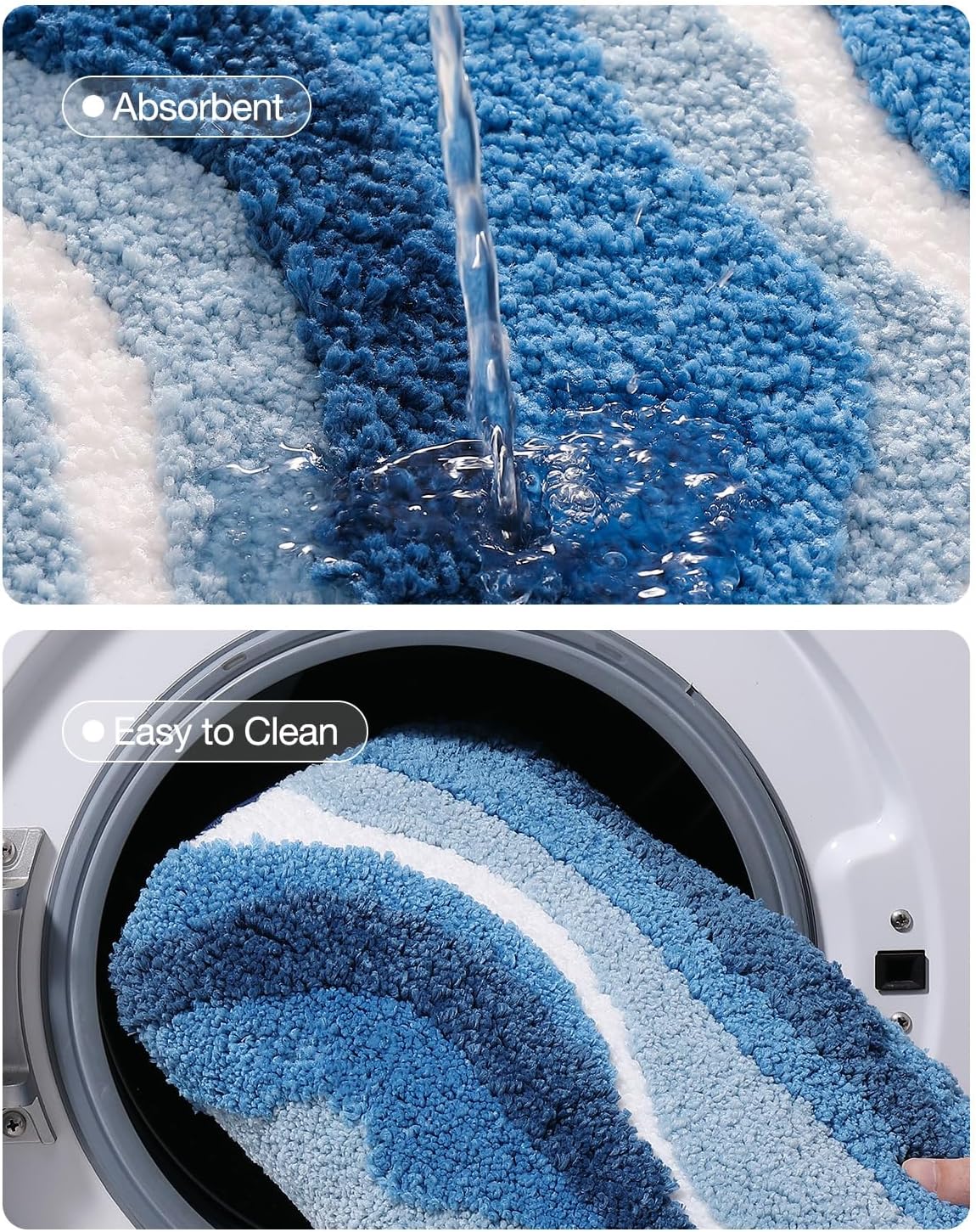LUMI Wave Bathroom Rug, Non Slip Rubber Backing, Absorbent Microfiber, Machine Washable, Quick Dry for Bathtub/Shower