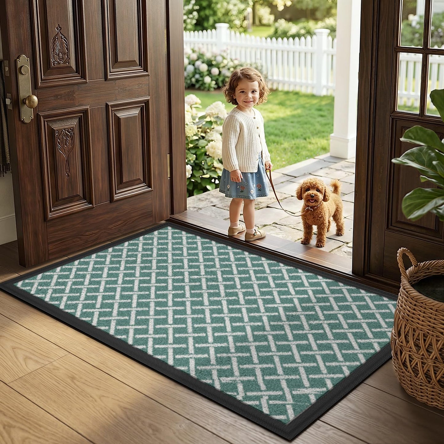 LUMI Front Door Mat 17x30, Low-Profile Non-Slip Welcome Mat for Indoor Outdoor, Stain & Fade Resistant Geometric Door Mat for Entryway Patio Porch, Geo-Navy