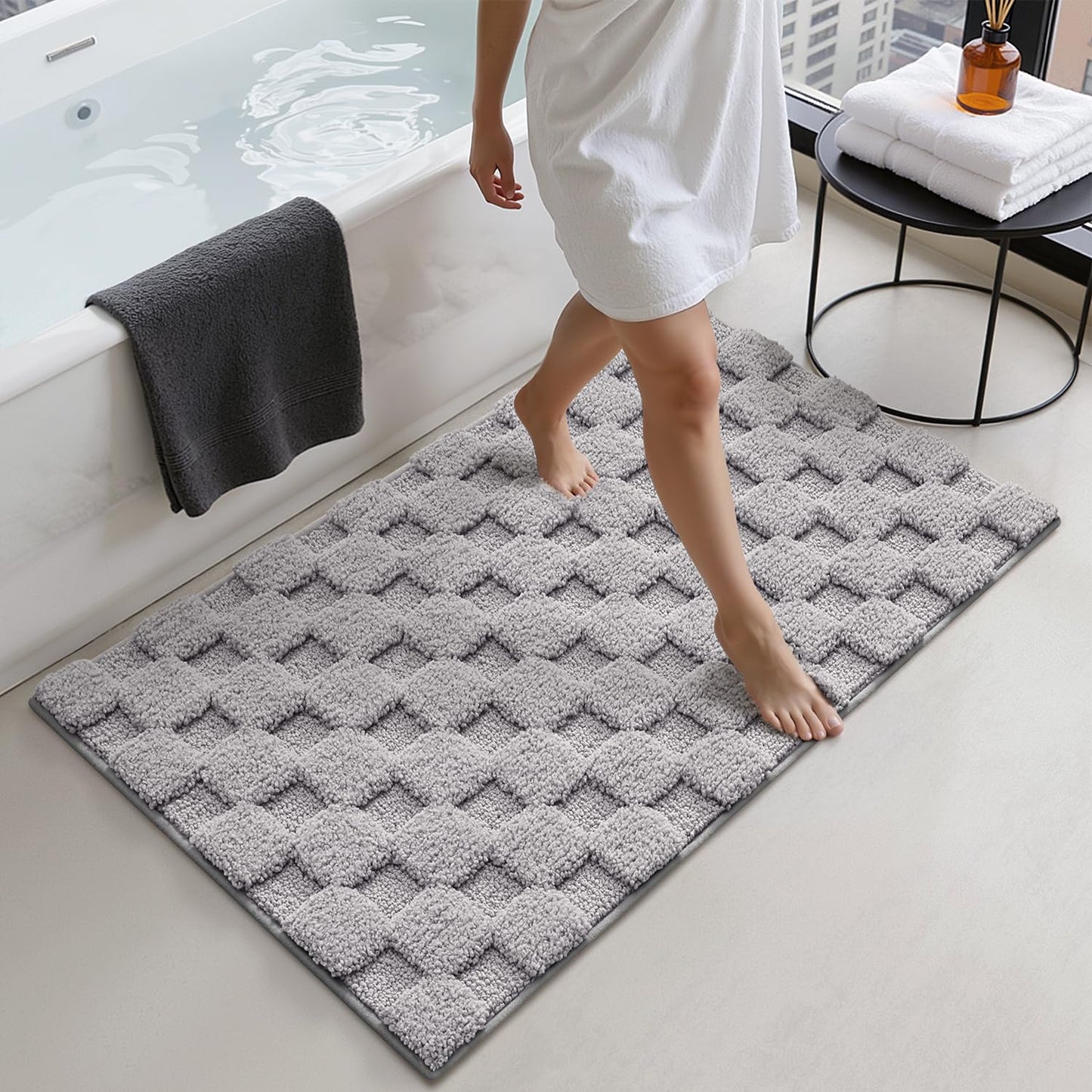 LUMI Non Slip Checkered Bathroom Rugs, Absorbent Waffle Mat, Beige, 16x24
