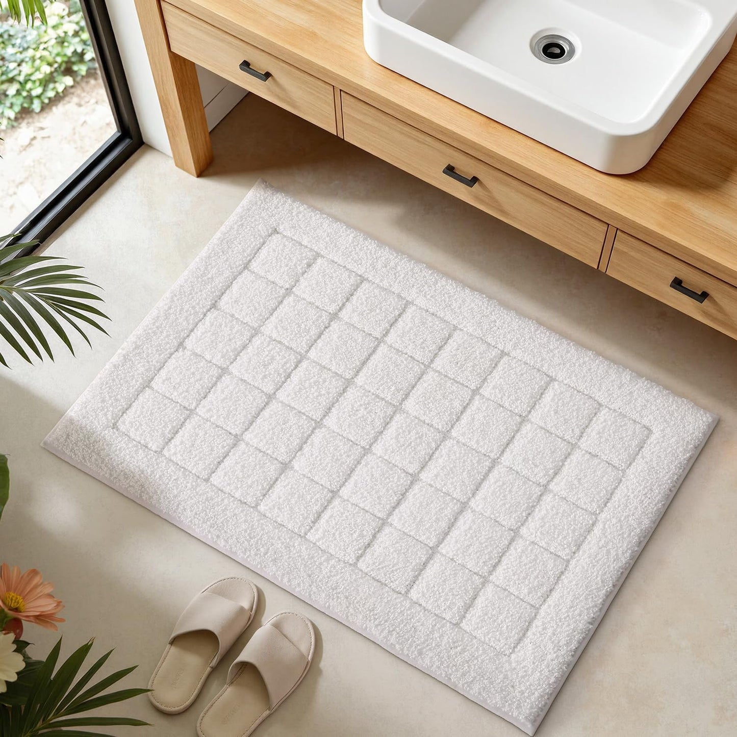 LUMI Modern Bathroom Rug, Serene Grid Series.