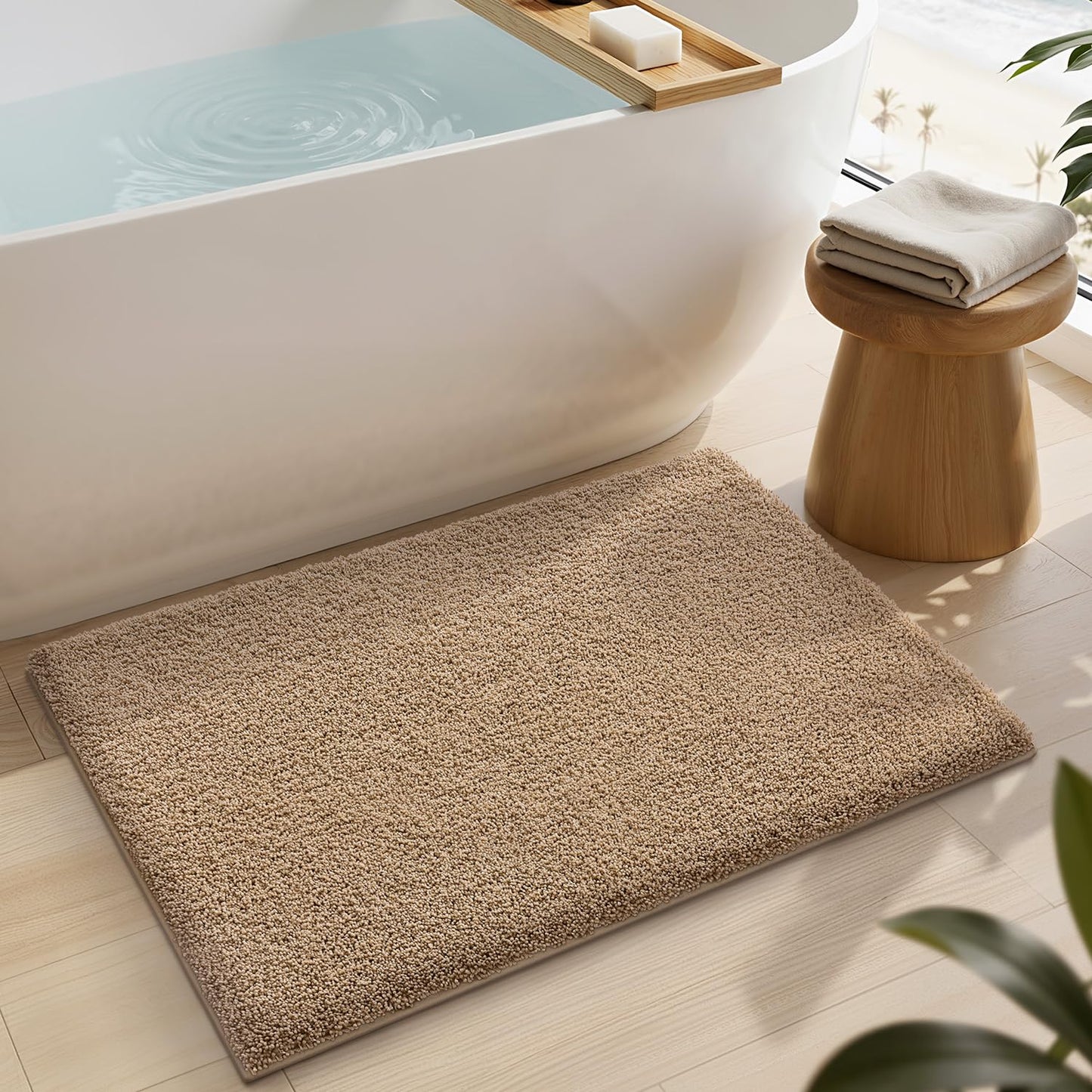 LUMI Beige Bathroom Rugs with Rubber Backing, 16x24 Absorbent Extra Thick Soft Plush Microfiber Bath Mat, Machine Washable Carpet for Bathroom Shower, Tub, Sink, Hotel