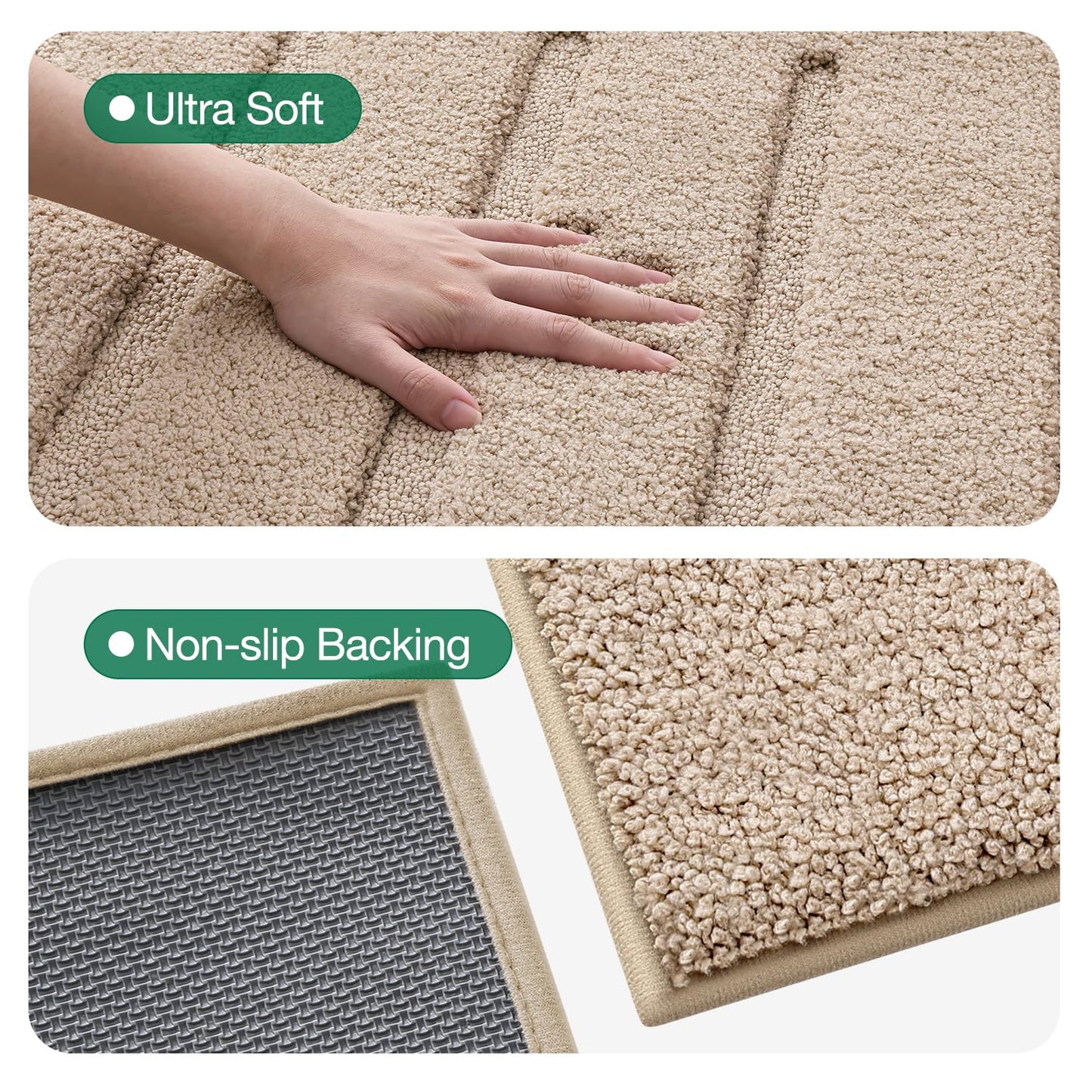 LUMI Non-Slip Skin-Friendly Bathroom Rugs, Hotel Quality Bath Mats for Bathroom, Washable Fluffy Shower Mat, Minimalist Luxury Striped Style,Ideal for Floor, Shower Tub, Entryway, 17"x30", Beige