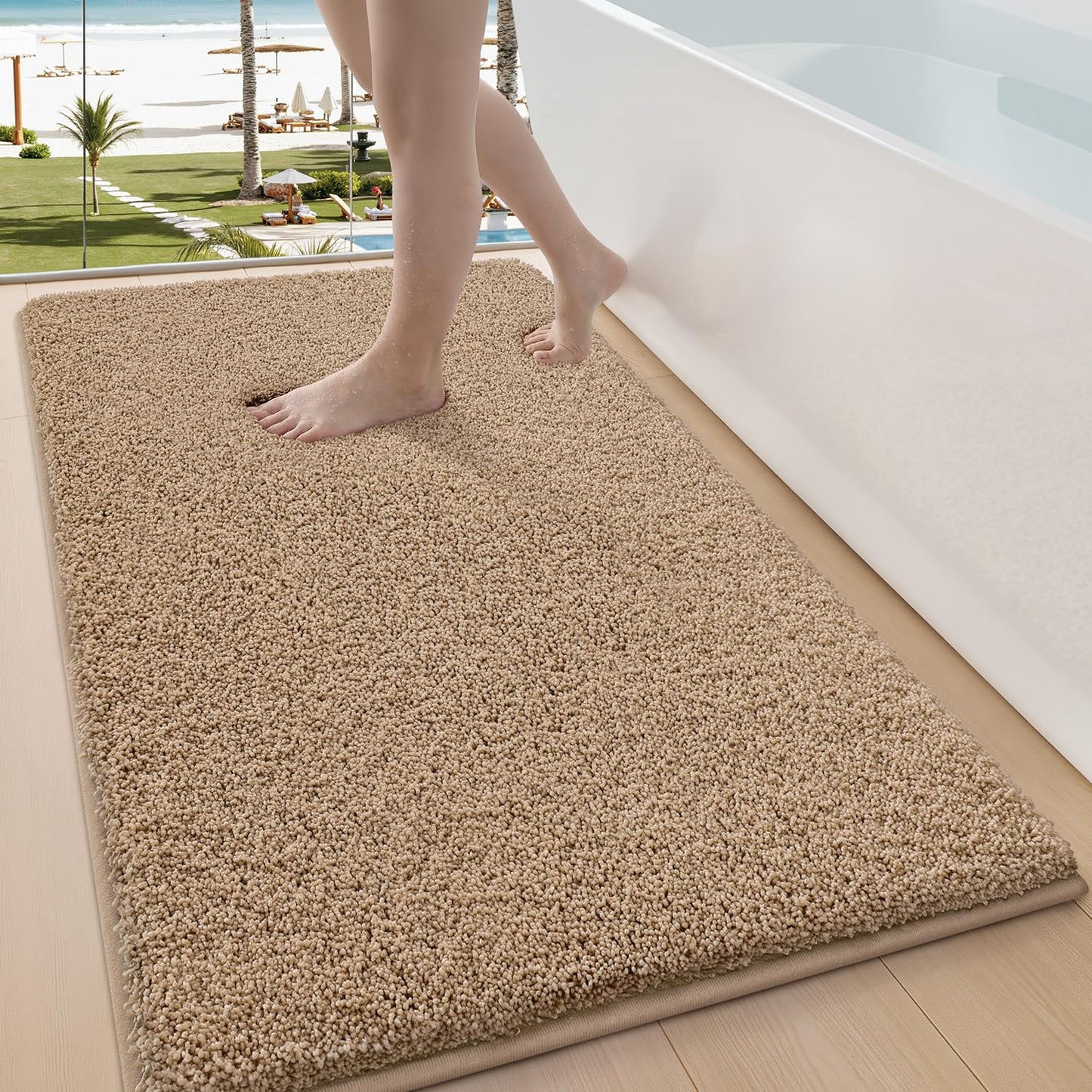 LUMI Beige Bathroom Rugs with Rubber Backing, 16x24 Absorbent Extra Thick Soft Plush Microfiber Bath Mat, Machine Washable Carpet for Bathroom Shower, Tub, Sink, Hotel