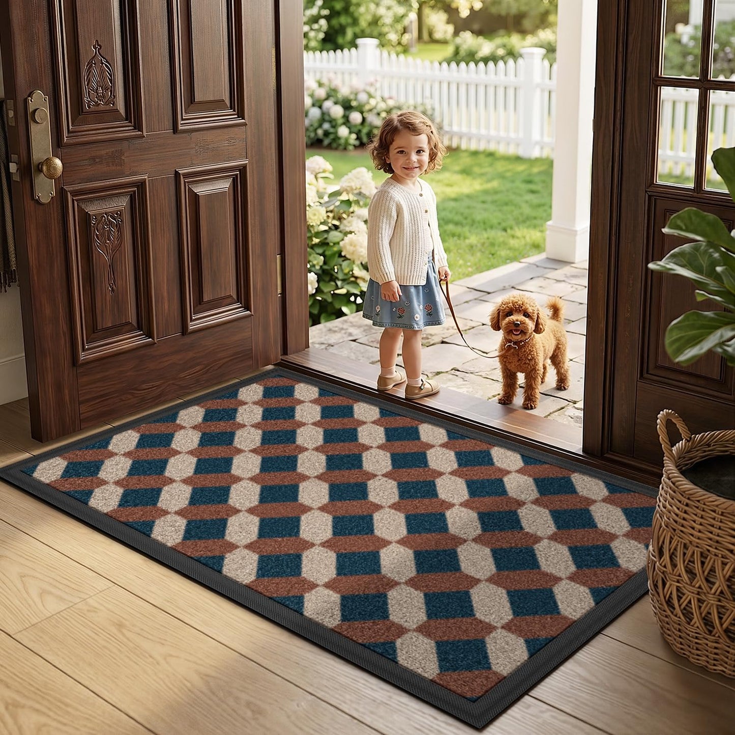 LUMI Front Door Mat 17x30, Low-Profile Non-Slip Welcome Mat for Indoor Outdoor, Stain & Fade Resistant Geometric Door Mat for Entryway Patio Porch, Geo-Navy