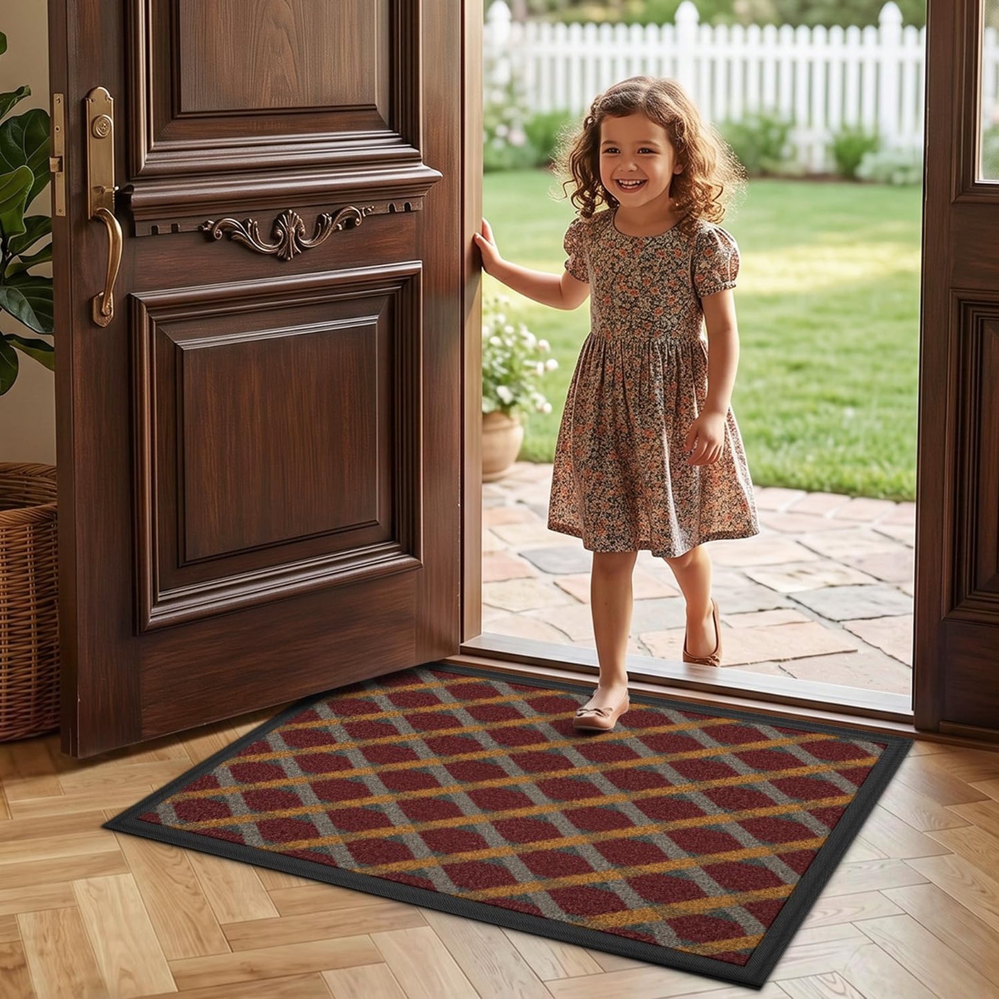 LUMI Front Door Mat 17x30, Low-Profile Non-Slip Welcome Mat for Indoor Outdoor, Stain & Fade Resistant Geometric Door Mat for Entryway Patio Porch, Geo-Navy