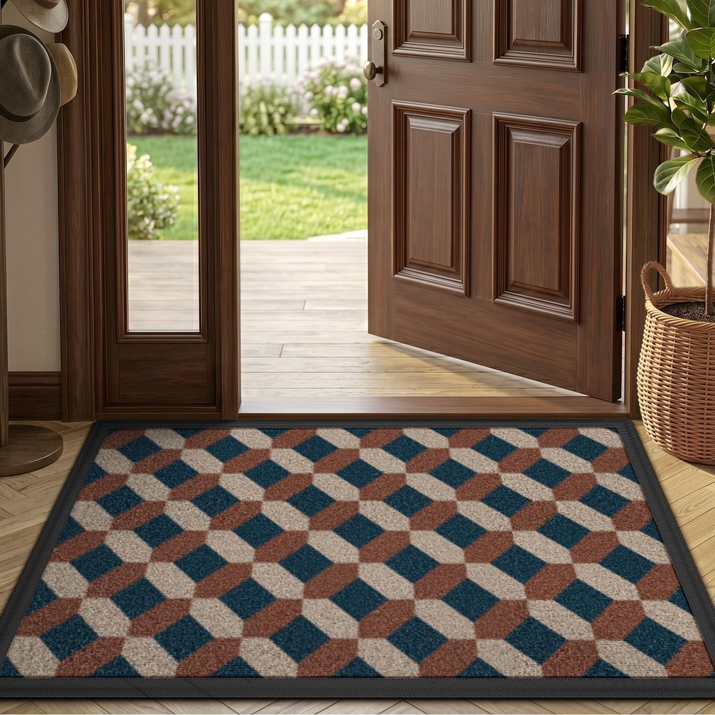 LUMI Front Door Mat 17x30, Low-Profile Non-Slip Welcome Mat for Indoor Outdoor, Stain & Fade Resistant Geometric Door Mat for Entryway Patio Porch, Geo-Navy