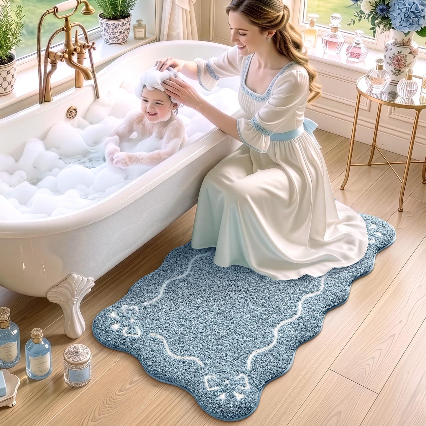 LUMI Scalloped Bathroom Rug, Cute Plush Microfiber Bath Mat, Super Absorbent & Quick Dry Shower Mat, Machine Washable Floor Carpet for Tub