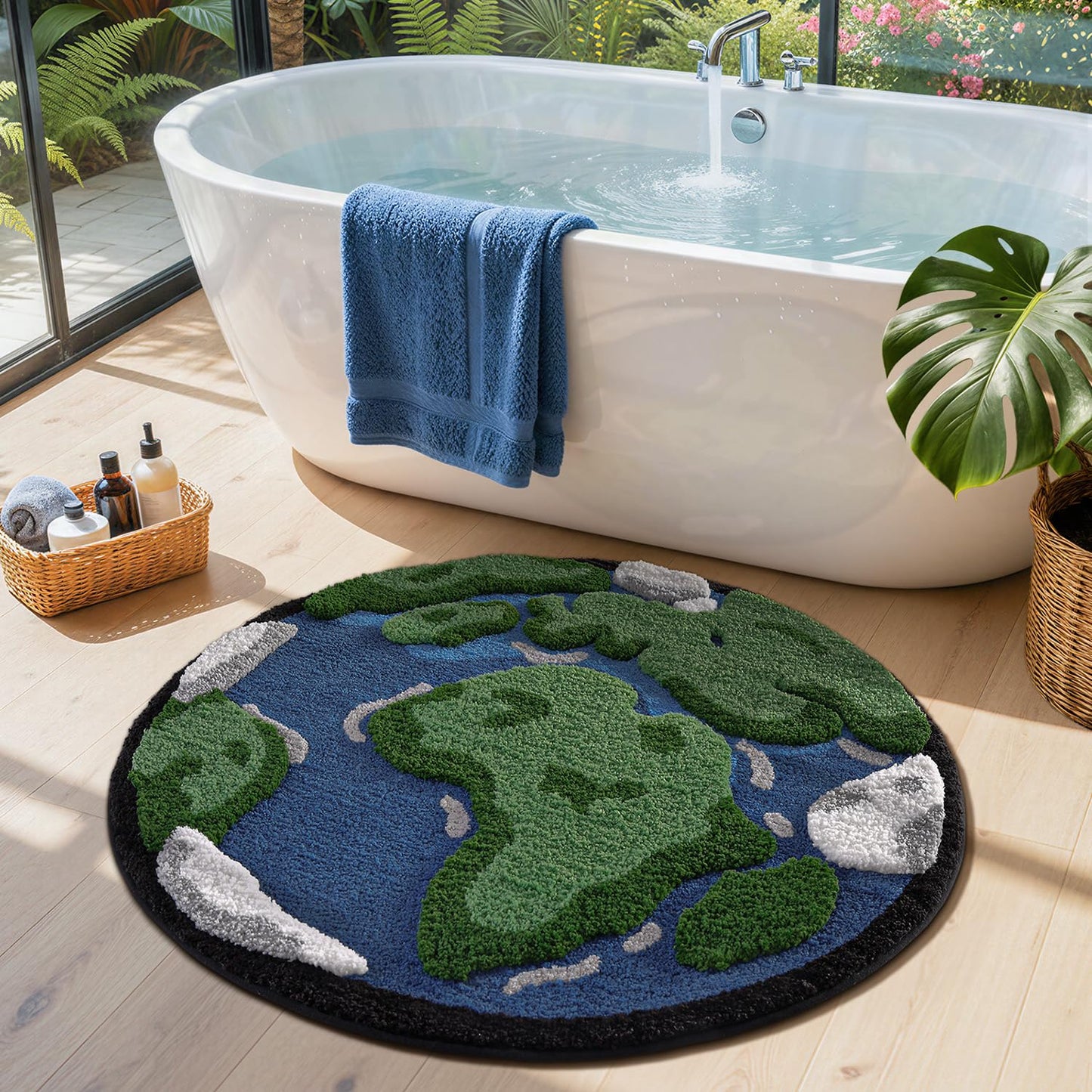 LUMI Round High Pile Earth Globe Bathroom Rug