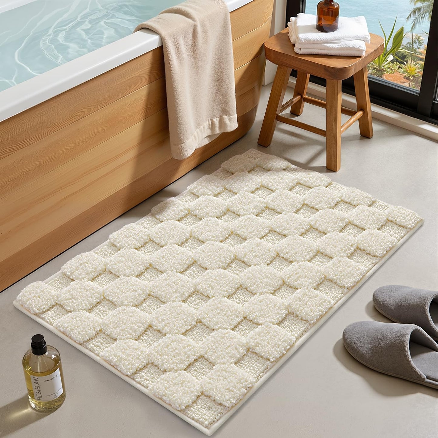 LUMI Non Slip Checkered Bathroom Rugs, Absorbent Waffle Mat, Beige, 16x24
