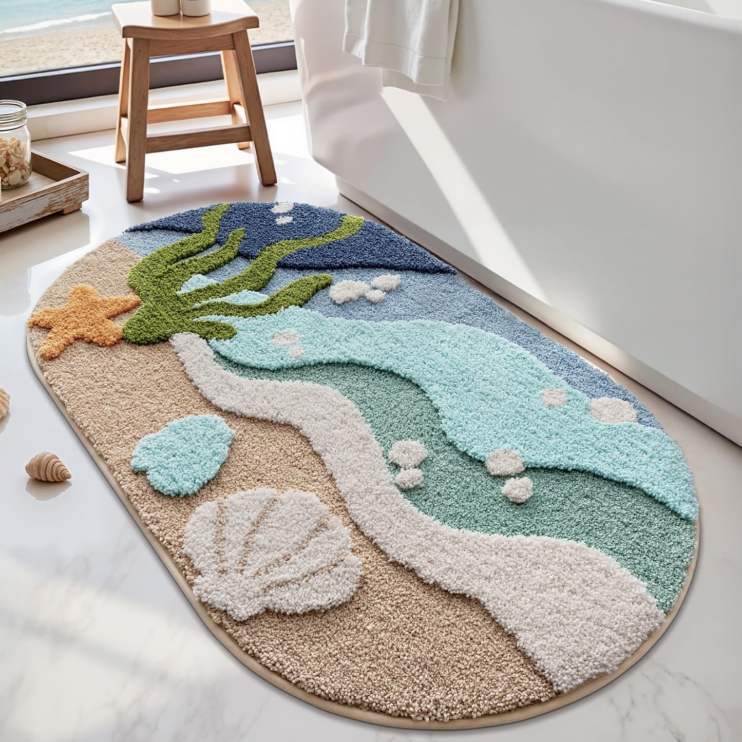 Bathroom Rugs, Non Slip Bath Mat Ultra Soft Washable Absorbent Quick Dry, Ocean Theme Collection